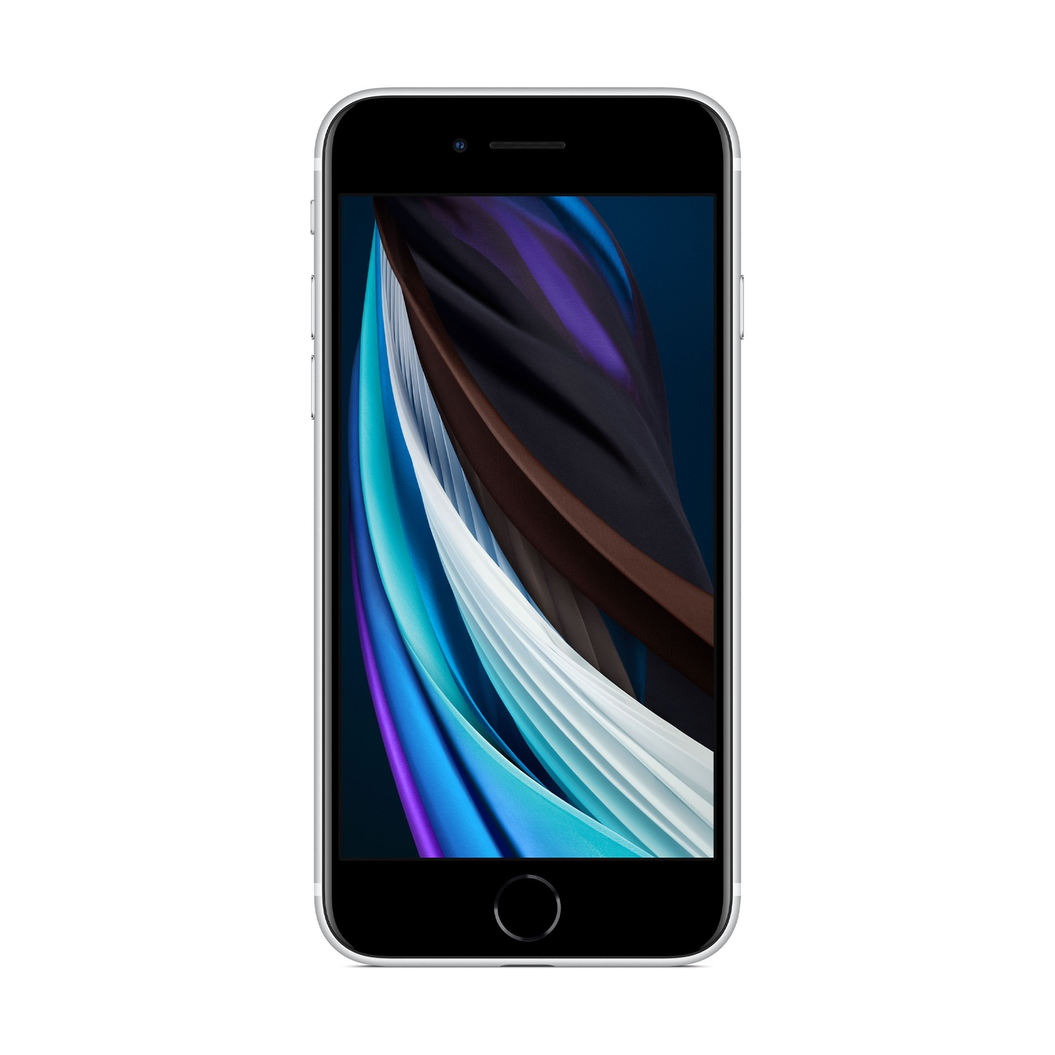 Un iPhone SE nero, vista frontale. Lo schermo mostra forme astratte colorate. Il telefono ha una cornice argentata e una lunetta nera.