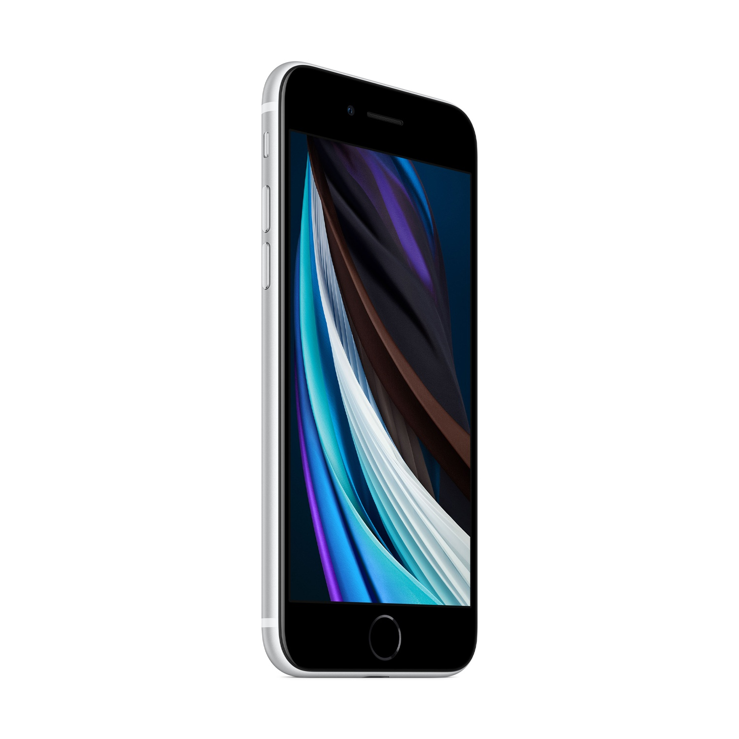 iPhone SE argento inclinato leggermente a sinistra. Lo schermo mostra un design astratto colorato. Il telefono è su sfondo bianco.