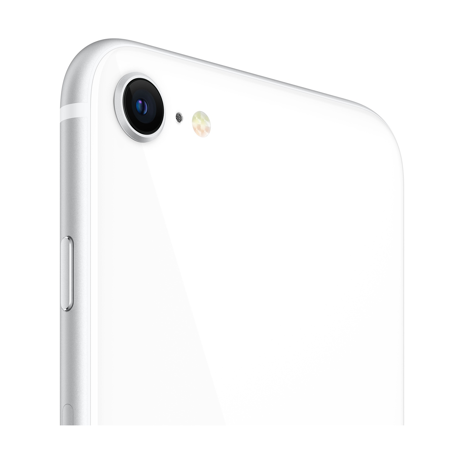 Primo piano di uno smartphone bianco. La lente della fotocamera e il flash sono visibili. Il lato del telefono è argento.