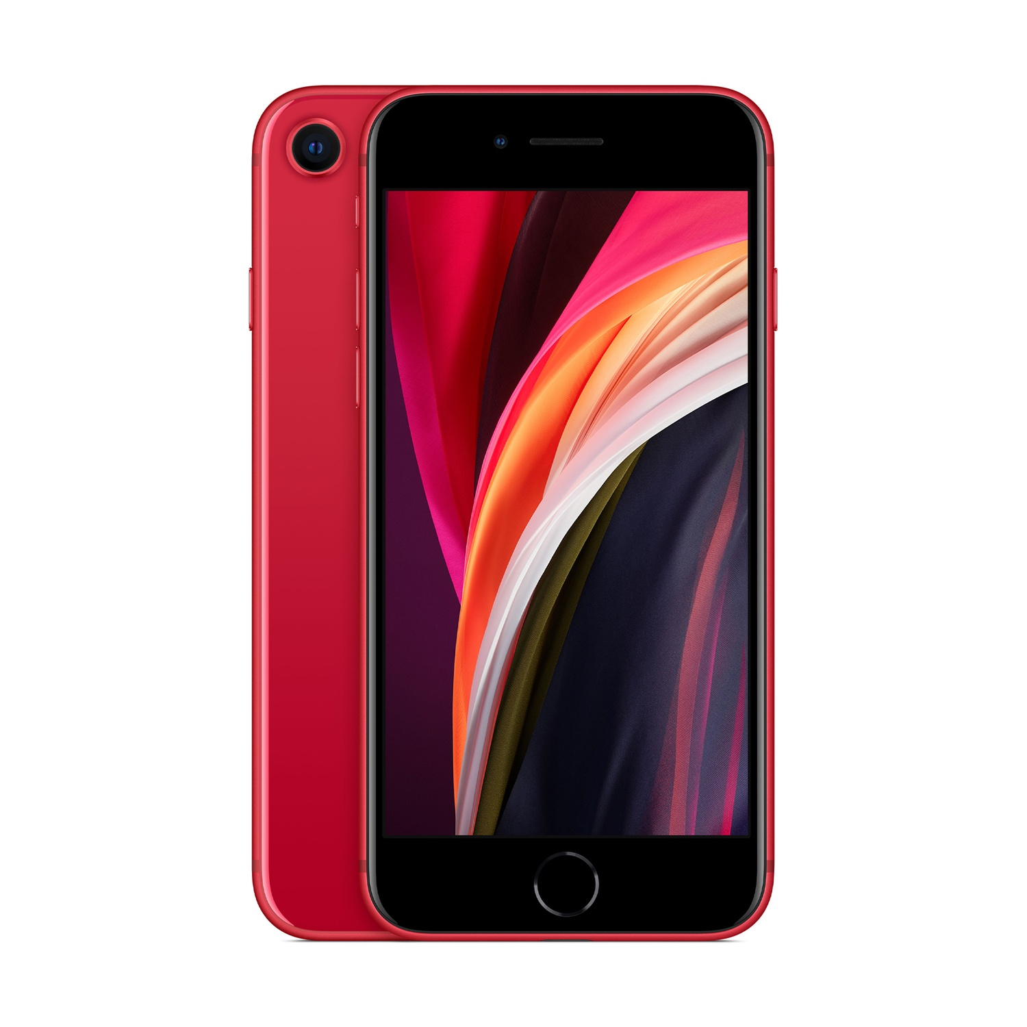 Un iPhone rosso che mostra lo schermo. Il telefono ha uno schermo nero, una fotocamera e una cornice rossa.