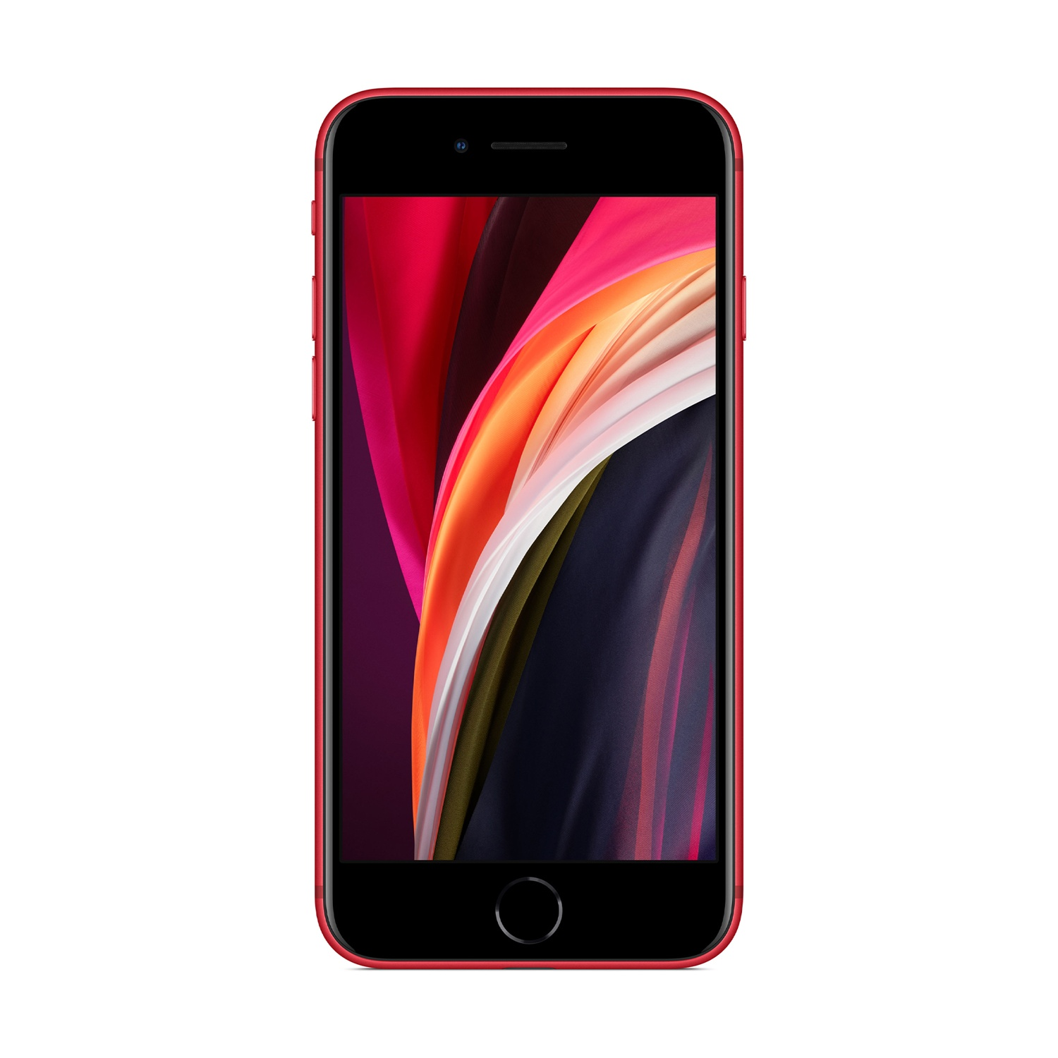 Un iPhone SE rosso è mostrato su sfondo bianco. Lo schermo mostra un'immagine astratta colorata. Il tasto home è visibile.