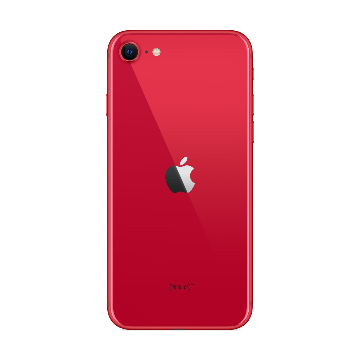 Retro iPhone rosso, logo Apple, fotocamera e flash. Testo "(PRODUCT) RED" in basso.