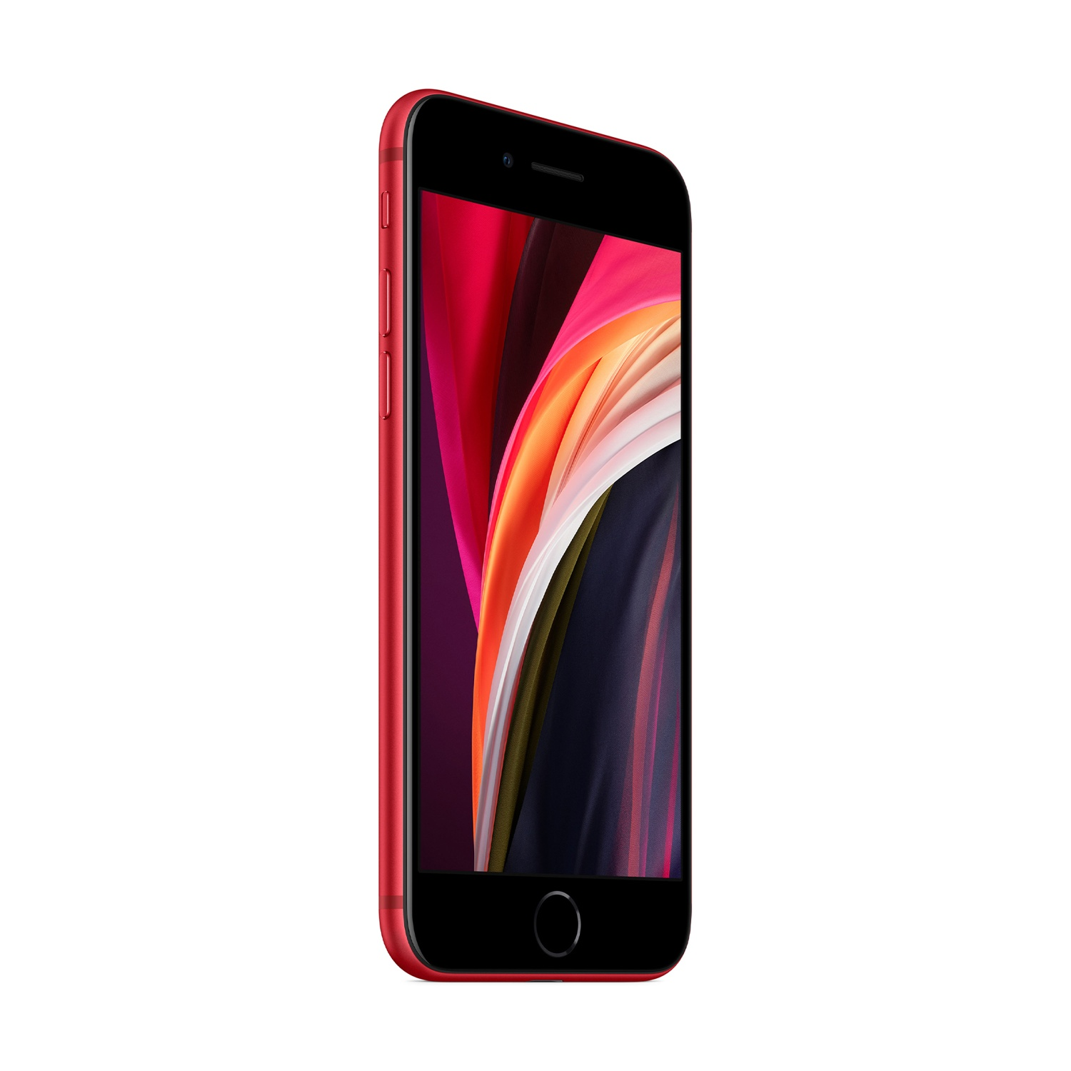 Viene visualizzato un iPhone SE rosso. Lo schermo mostra un'immagine astratta colorata. Il telefono è leggermente inclinato verso destra, con sfondo bianco.