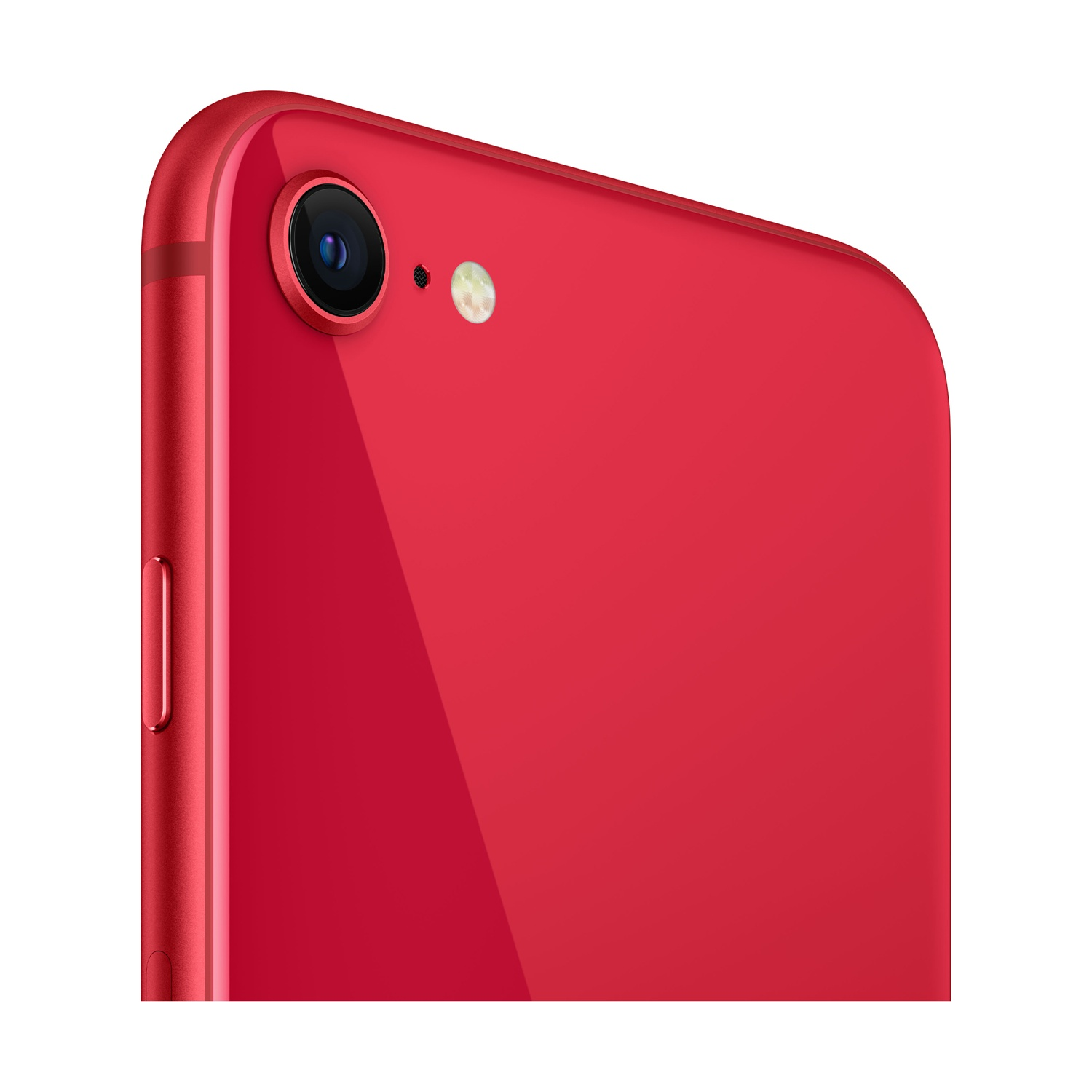Primo piano del retro di uno smartphone rosso. Presenta un obiettivo della fotocamera, un flash e il lato con il pulsante del volume. Lo sfondo è bianco.