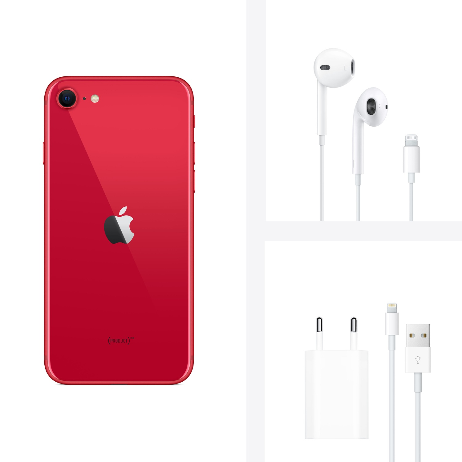 iPhone rosso, auricolari bianchi, caricabatterie e cavo. Il telefono ha il logo Apple. Auricolari e caricabatterie sono bianchi.