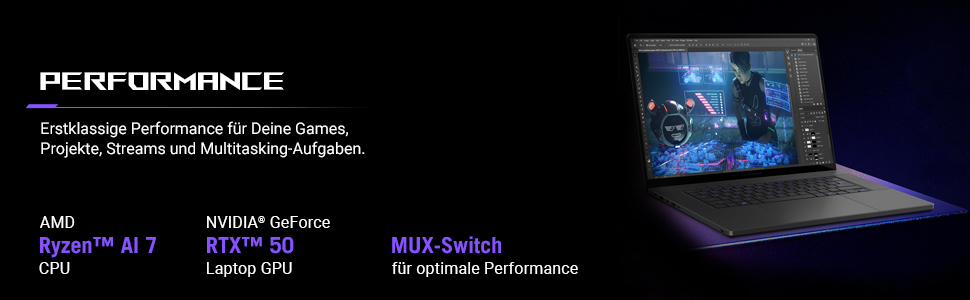 Laptop mit Bildschirm, der eine Person in futuristischer Umgebung zeigt, mit Text über Leistung und Komponenten.