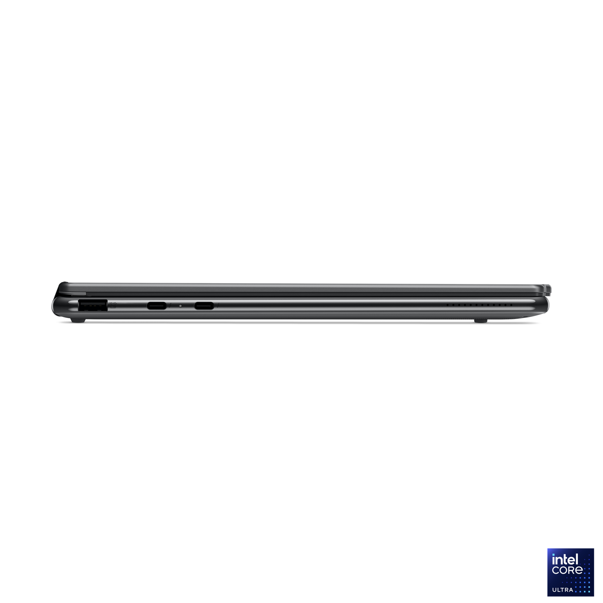 Seitenansicht eines geschlossenen, dunkelgrauen Laptops. Sichtbare Anschlüsse sind USB-C und ein USB-Anschluss. Weißer Hintergrund.