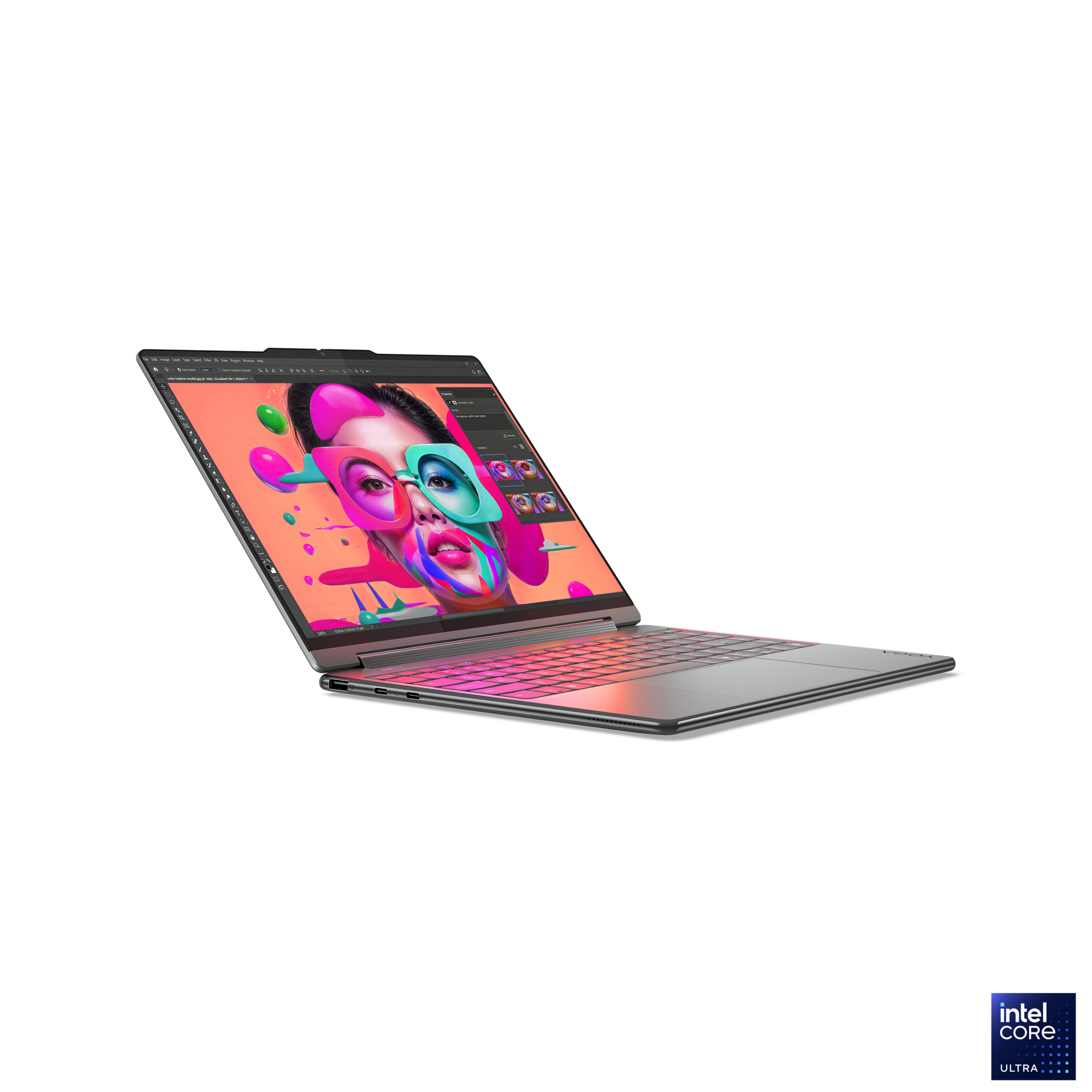 Laptop zeigt ein farbenfrohes Bild eines Gesichts mit Brille. Die Tastatur ist pink. Intel Core Ultra Logo.