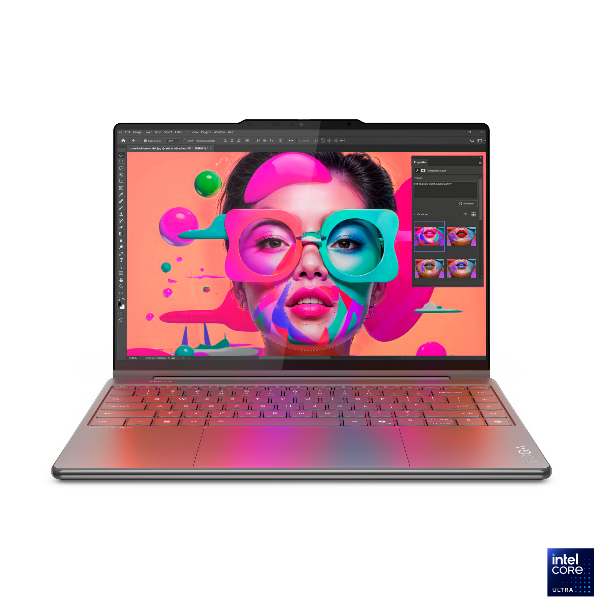 Ein Laptop zeigt eine Frau mit bunter Brille und Gesichtskunst. Der Bildschirm zeigt ein Bearbeitungsprogramm.