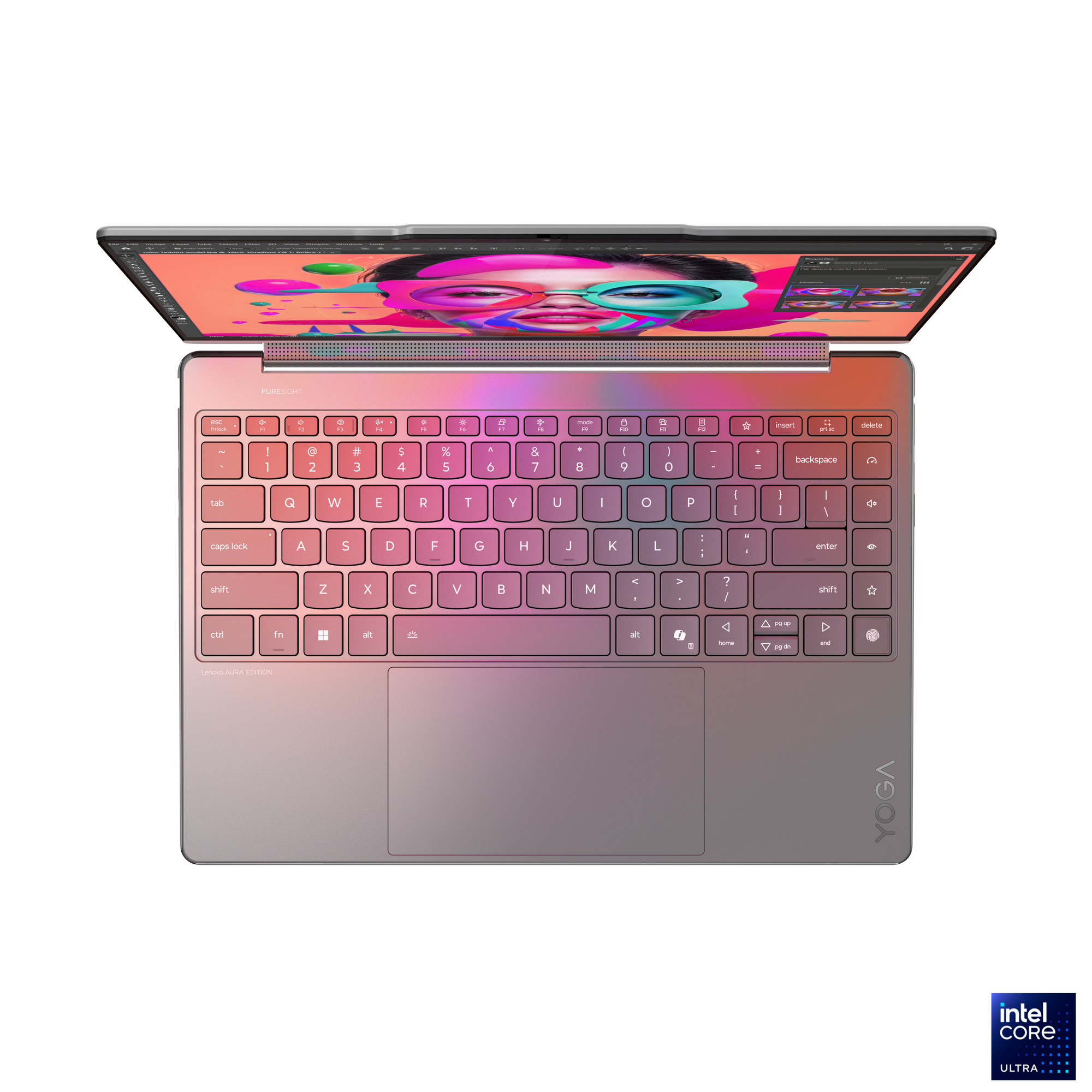 Ein Laptop mit offenem Bildschirm. Die Tastatur ist rosa und hat weiße Tasten. Der Bildschirm zeigt ein farbenfrohes Bild.
