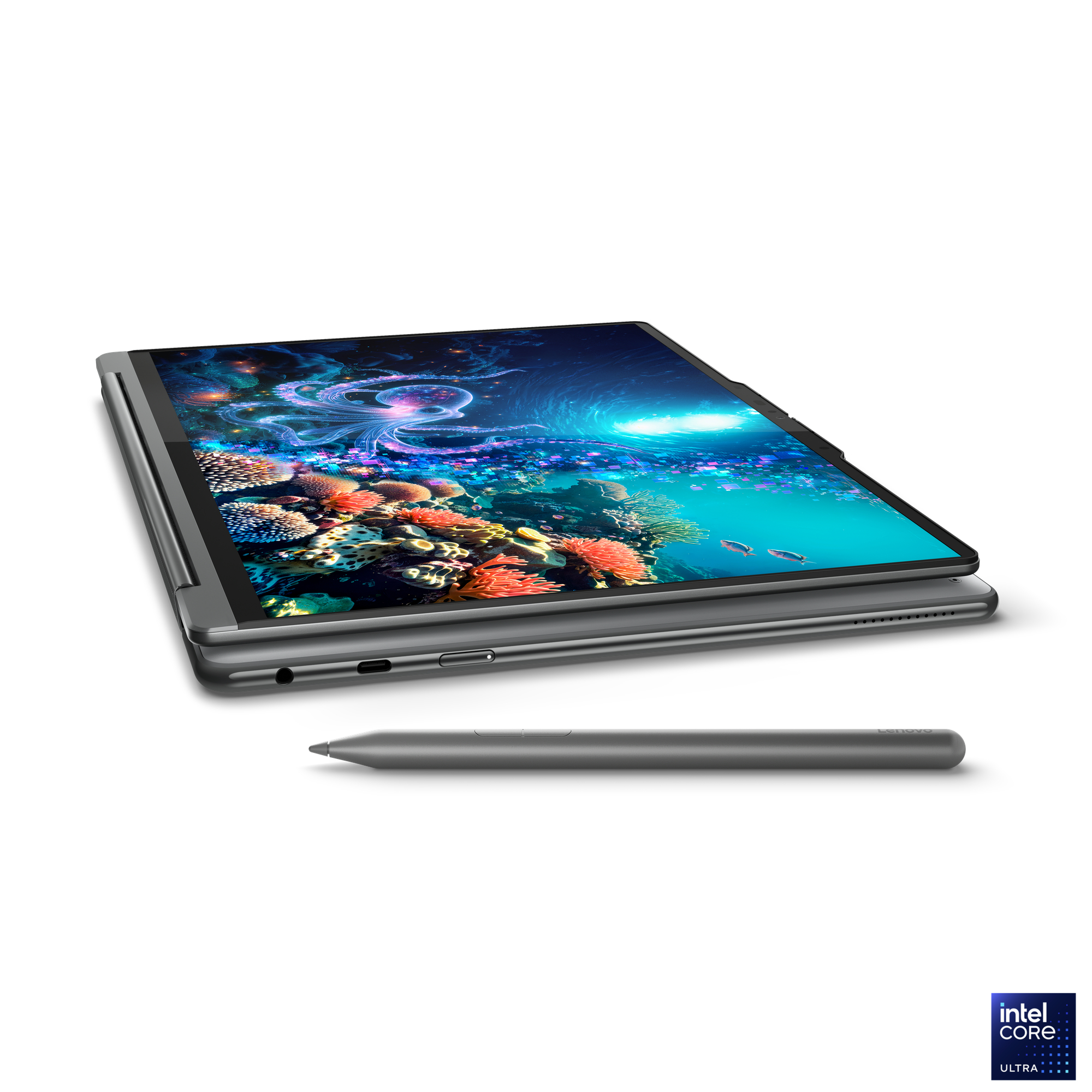 Tablet mit lebendiger Unterwasserszene auf dem Bildschirm. Unten ist ein Stift. Weißer Hintergrund, Intel Core Ultra Logo in der Ecke.