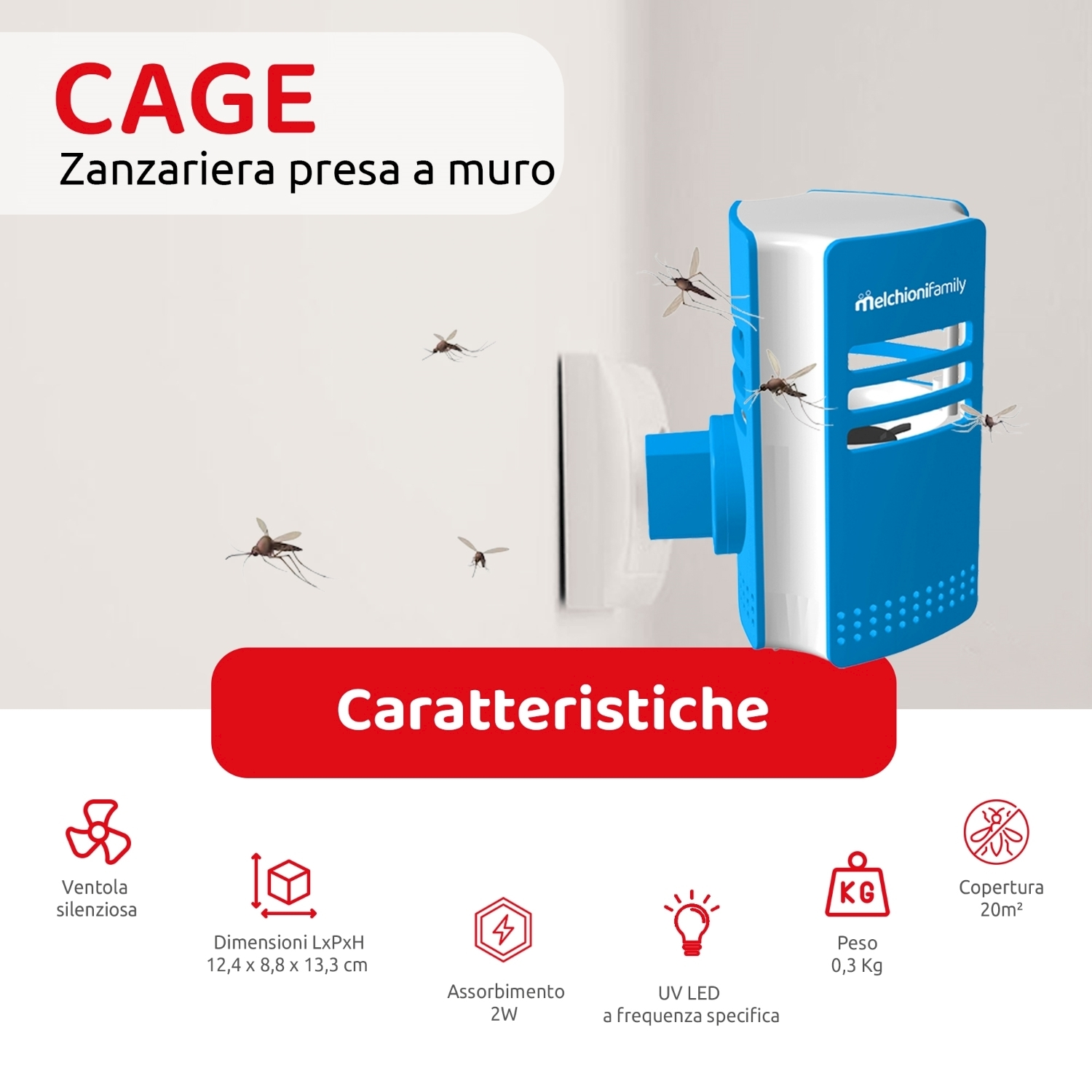 Trappola per zanzare blu e bianca collegata a una parete. Il testo recita 'CAGE', 'Zanzariera presa a muro' e 'Caratteristiche'.
