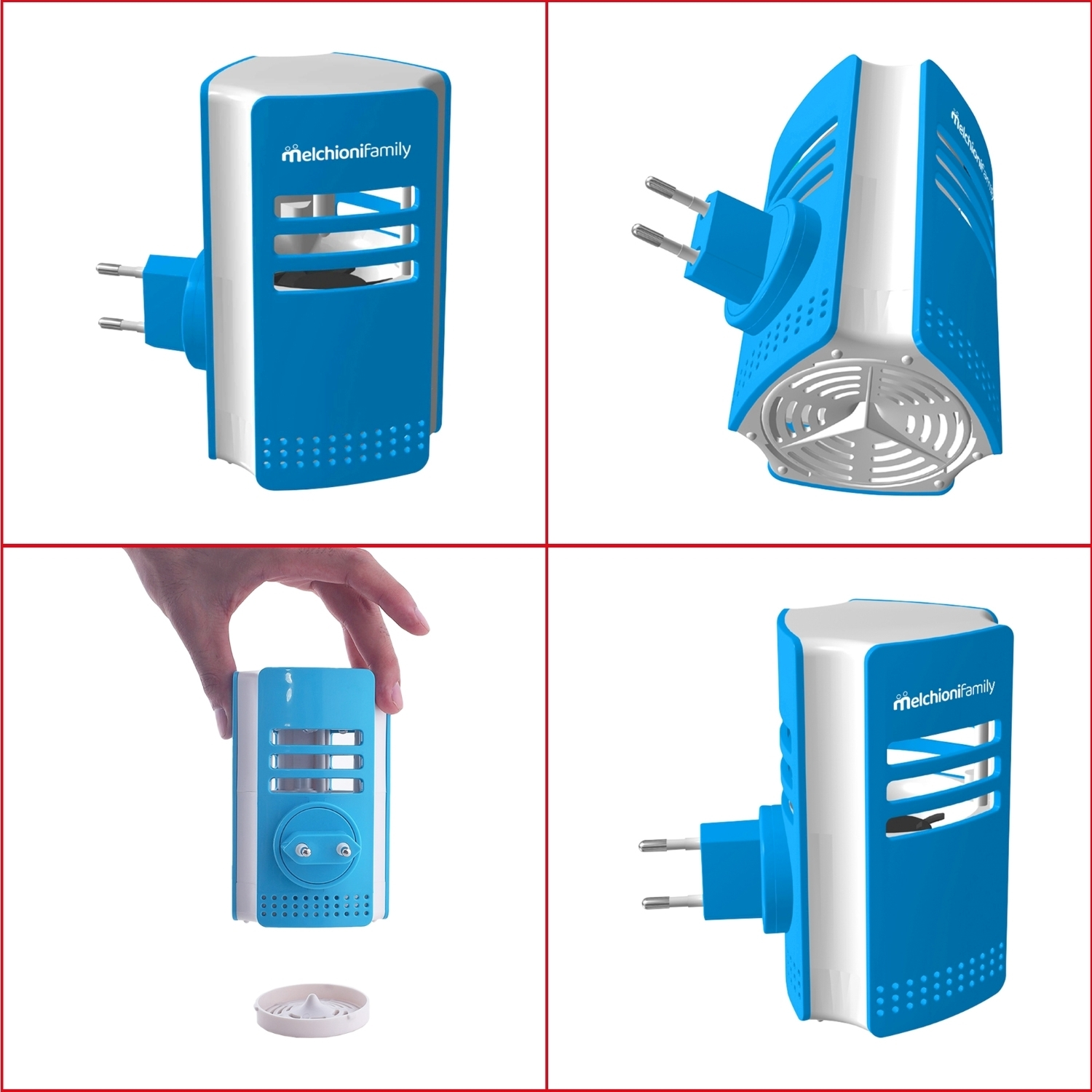 Un repellente per insetti MelchioniFamily blu e bianco a innesto, con più viste che ne mostrano il design e l'uso.
