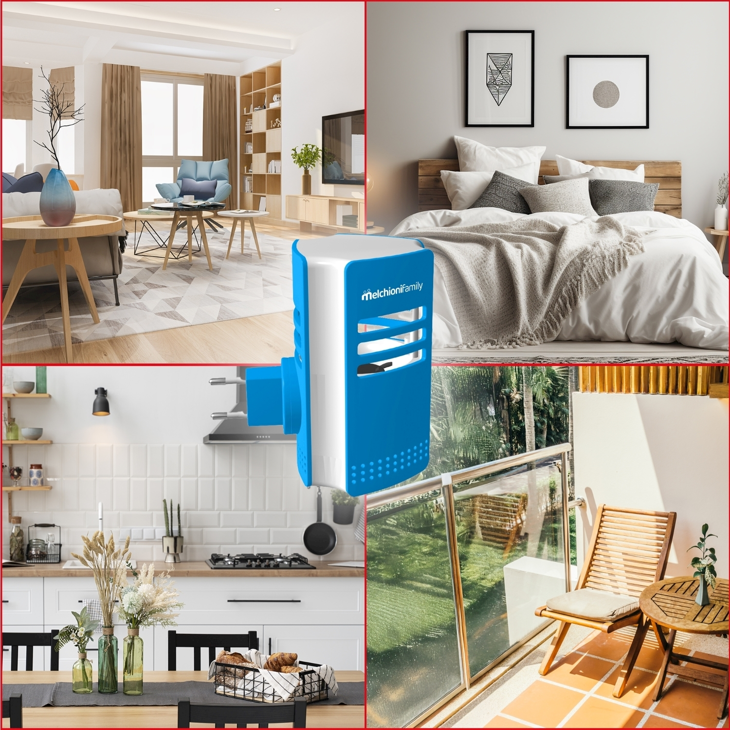Un prodotto dal design blu e bianco è esposto al centro, circondato da scene di interior design: soggiorno, camera da letto, cucina e balcone.