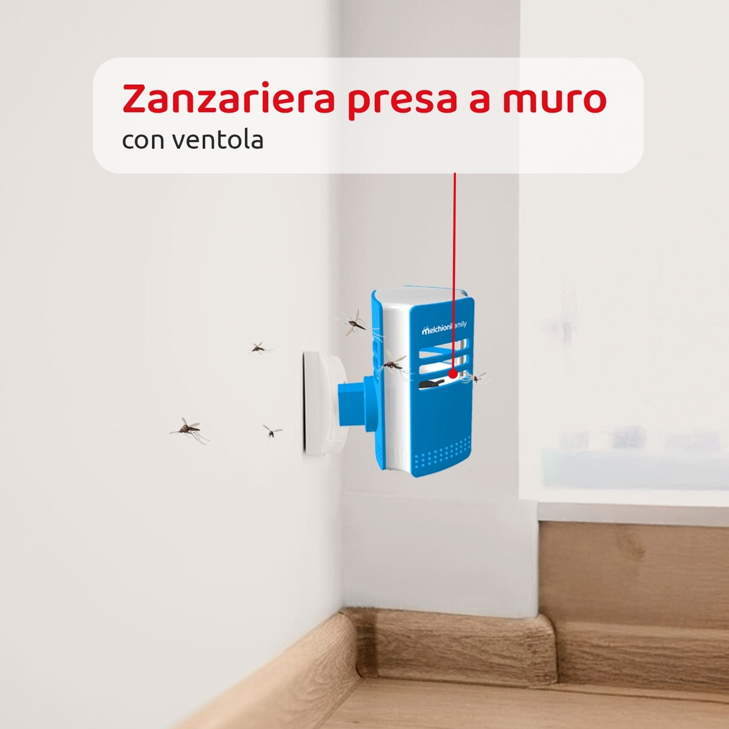 Una trappola per zanzare blu e bianca è montata su un muro bianco, con diverse illustrazioni di zanzare che volano intorno. Testo sopra.
