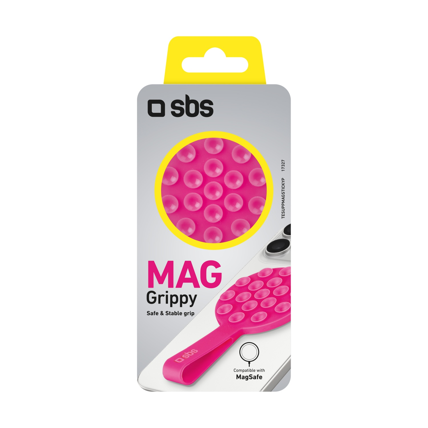 Confezione per un'impugnatura per telefono MagSafe, rosa con texture a bolle. Il testo dice "MAG Grippy" e "Safe & Stable grip".