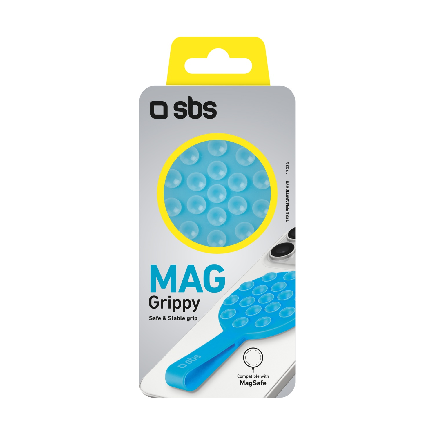Confezione per un supporto per telefono Mag Grippy blu. Ha un manico, un cerchio di ventose e un'etichetta che dice 'Compatibile con MagSafe'.
