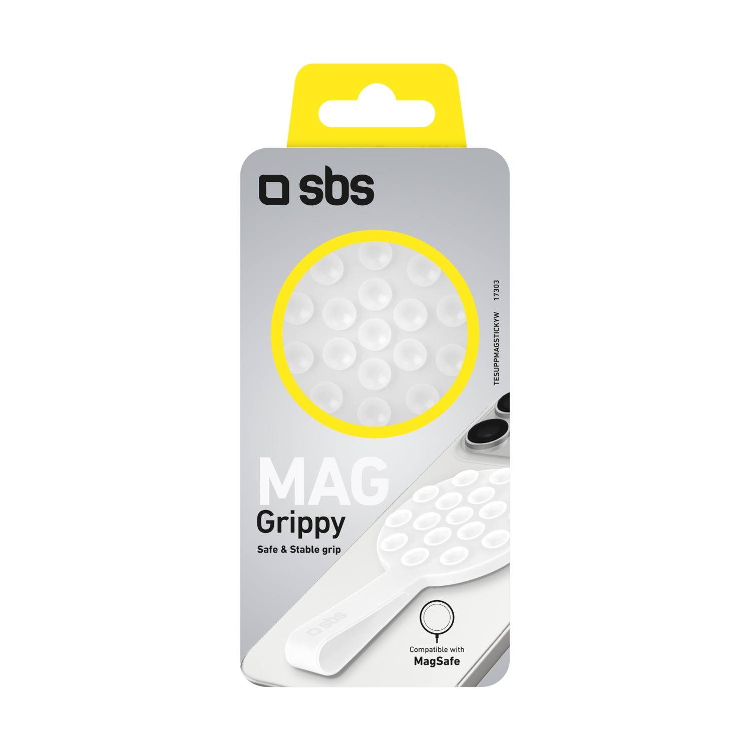 Una confezione bianca e grigia con un accessorio per telefono. Il testo dice 'MAG Grippy'. Compatibile con MagSafe. Un gancio giallo in alto.