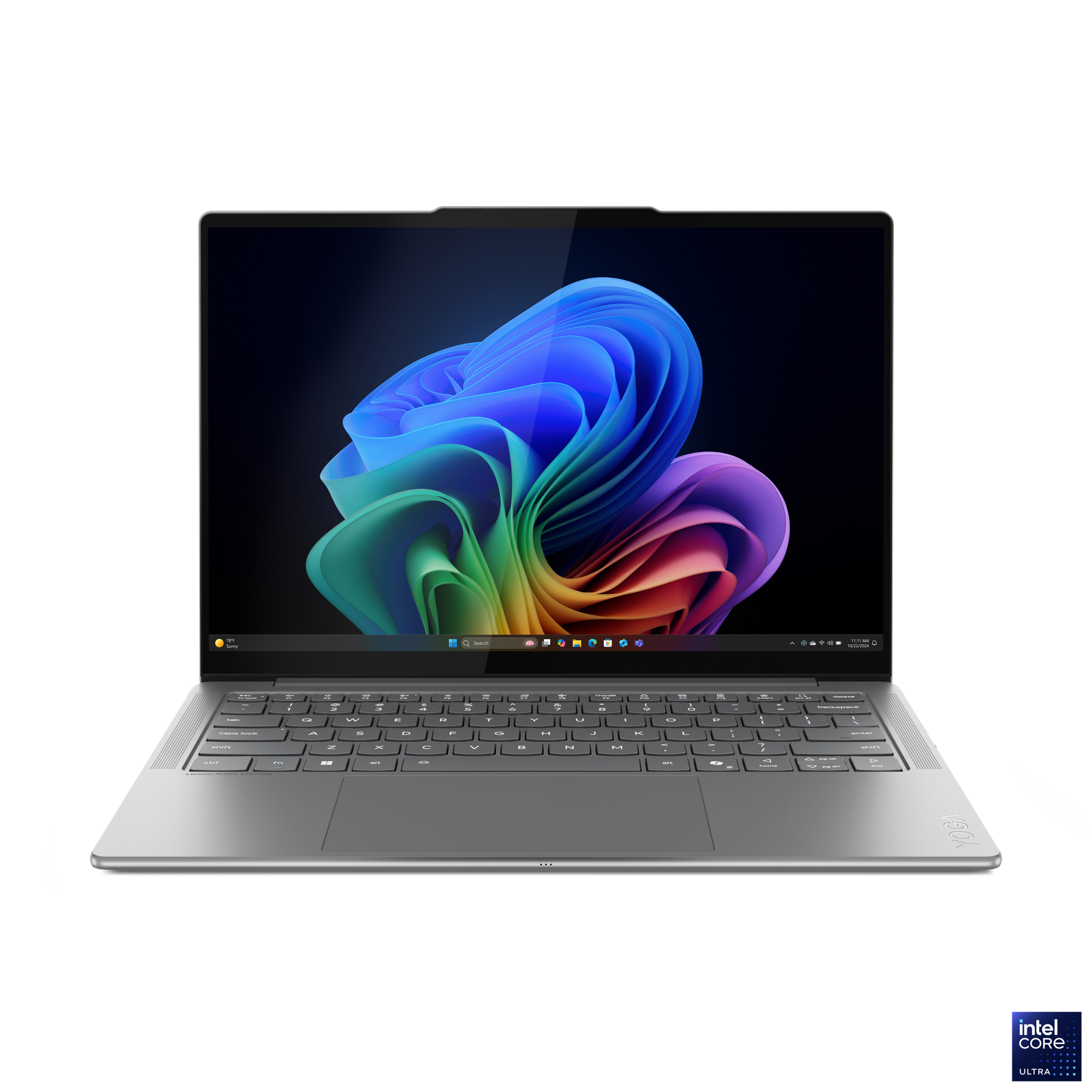 Ein silberner Laptop zeigt ein farbenfrohes abstraktes Bild. Die Tastatur ist sichtbar, das Intel Core Ultra Logo unten.