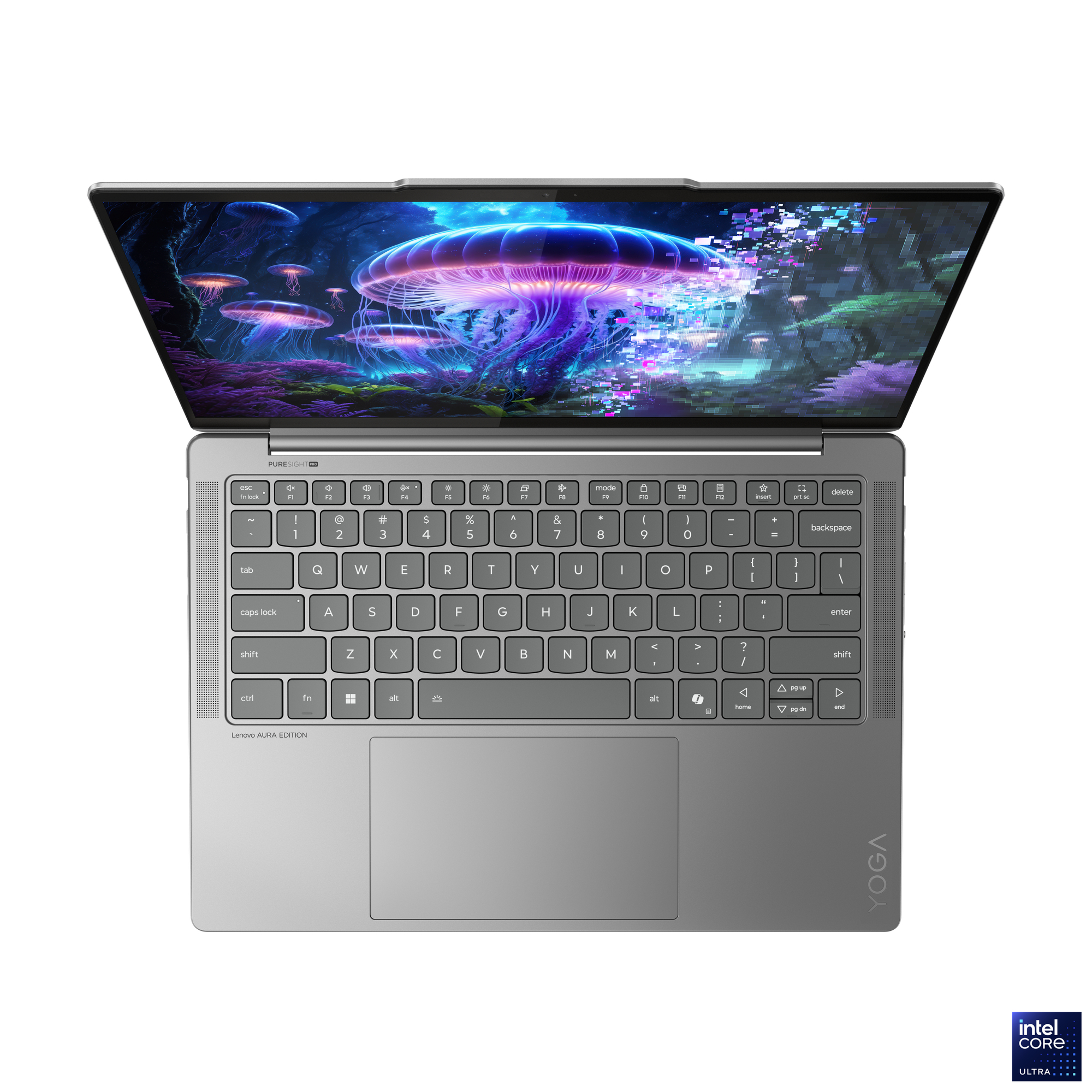 Ein silberner Laptop mit farbenfrohem Bildschirm, der Quallen zeigt, und eine Tastatur.