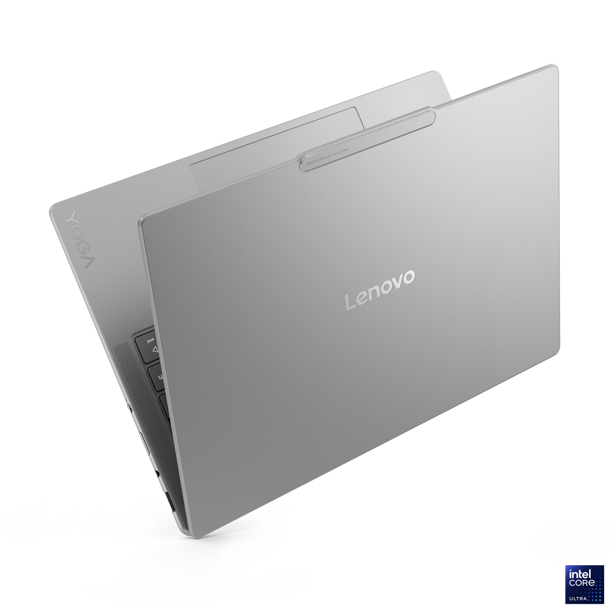 Ein silbernes Lenovo Yoga Laptop wird schräg dargestellt. Das Lenovo-Logo ist sichtbar. Das Intel Core Ultra-Logo ist rechts unten.