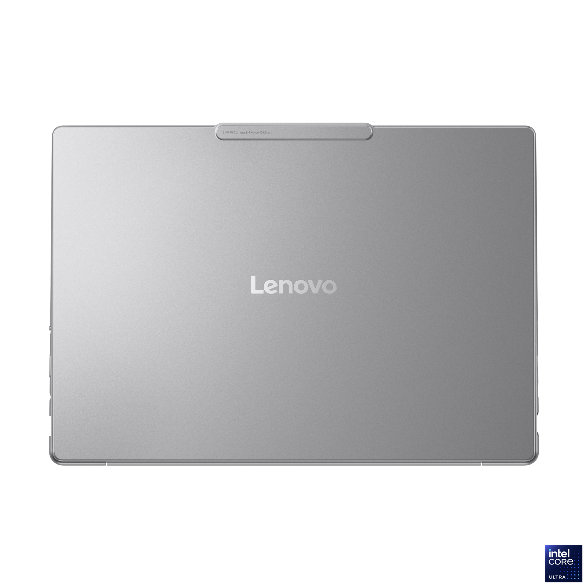 Silbernes Lenovo-Tablet. Draufsicht, Markenname in der Mitte. Intel Core Ultra-Logo unten rechts.