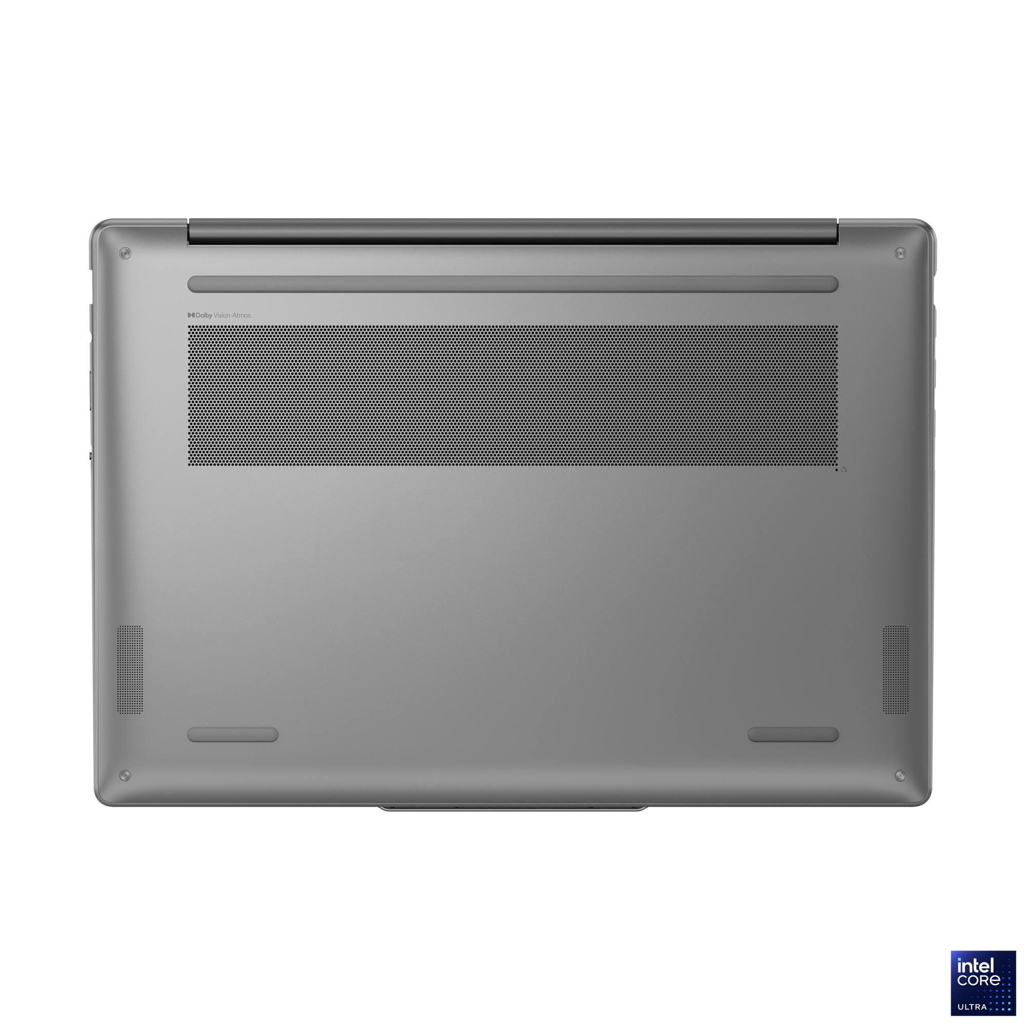 Silberne Laptop-Unterseite. Merkmale sind Belüftung, Dolby Vision Atmos-Logo und Intel Core Ultra-Logo.