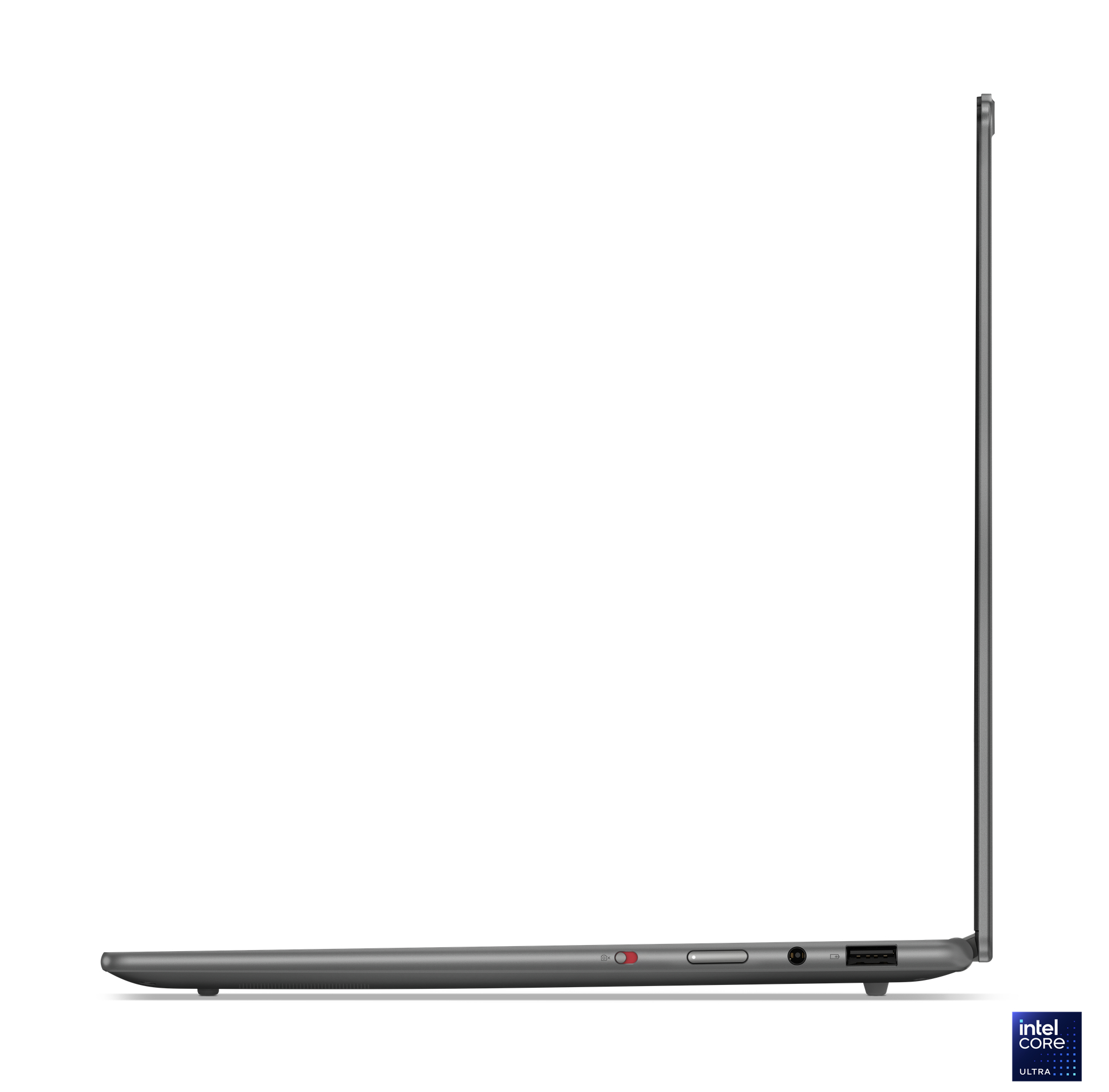 Seitenansicht eines grauen Laptops. Anschlüsse sind sichtbar. Ein Intel Core Ultra Aufkleber ist unten rechts.