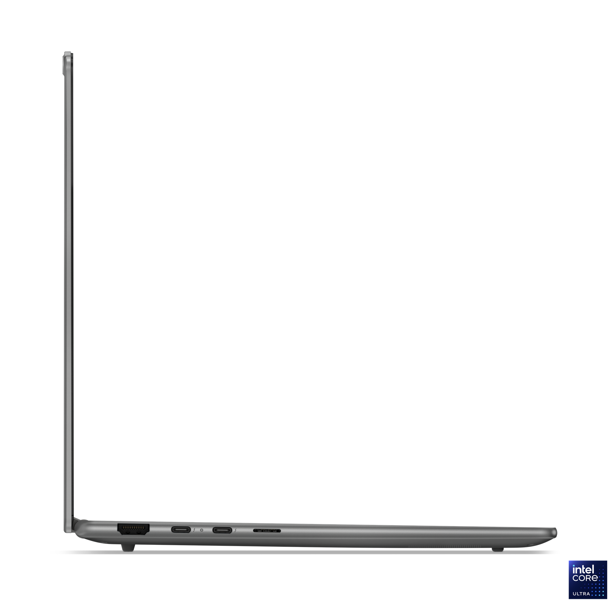 Seitenansicht eines grauen Laptops. Anschlüsse sind an der Seite sichtbar. Intel Core Ultra Logo unten rechts.