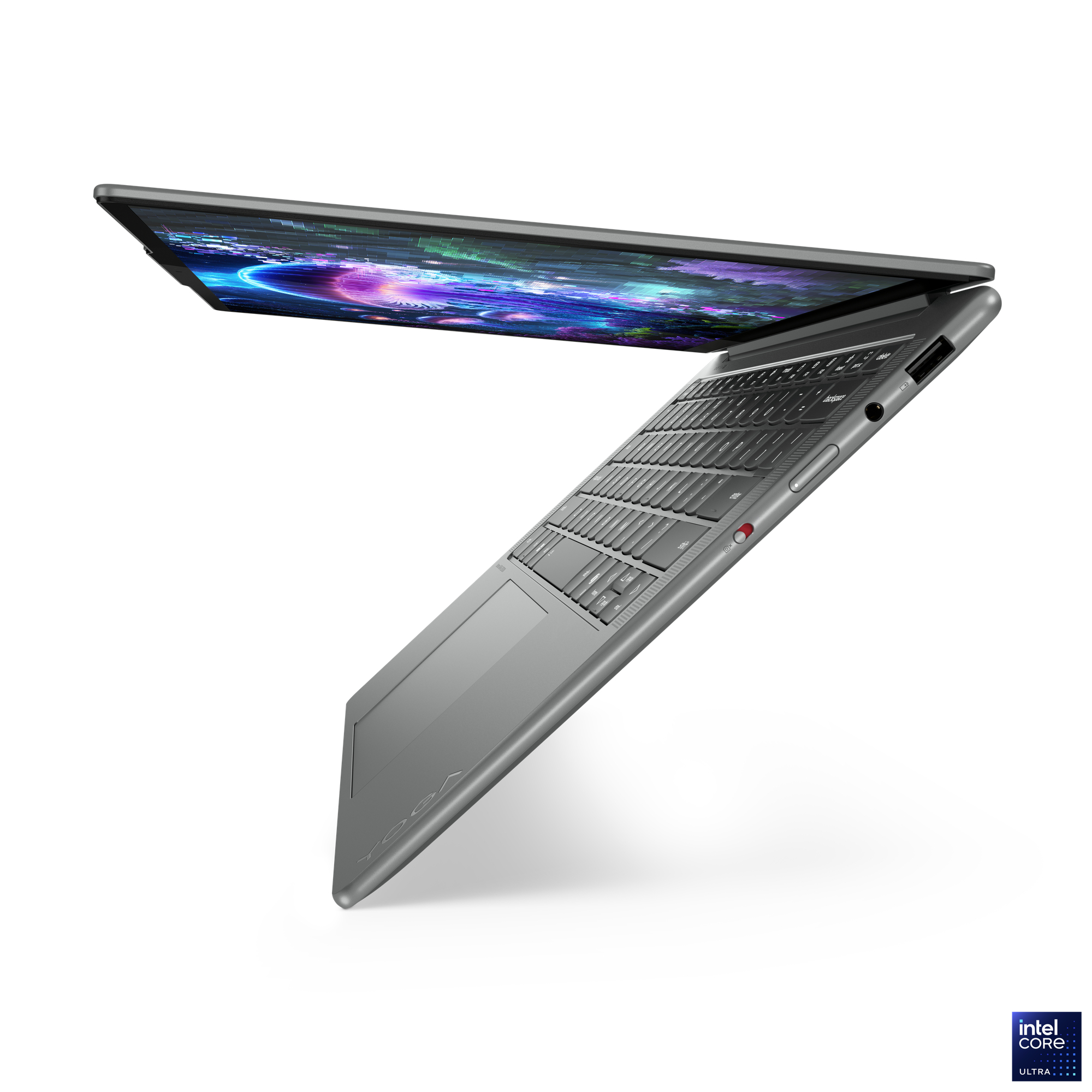 Ein grauer Laptop ist geöffnet und zeigt einen bunten Bildschirm. Tastatur und Touchpad sind sichtbar. Der Hintergrund ist weiß.