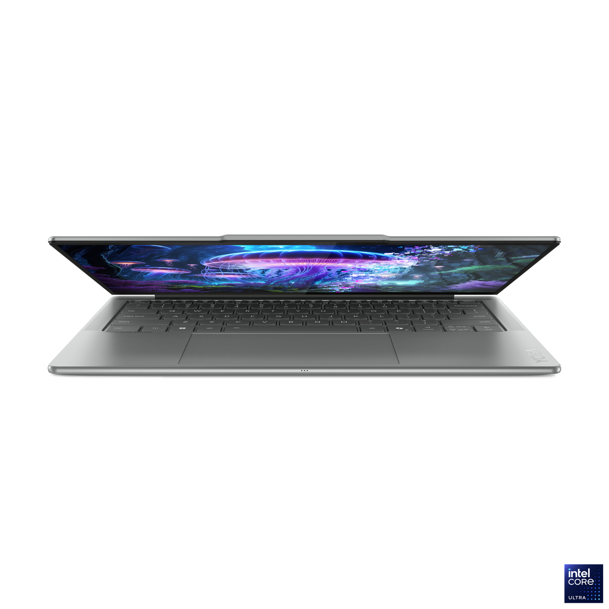 Geöffneter silberner Laptop, Bildschirm zeigt eine farbenfrohe Unterwasserszene. Tastatur sichtbar, Intel Core Ultra Logo rechts unten.