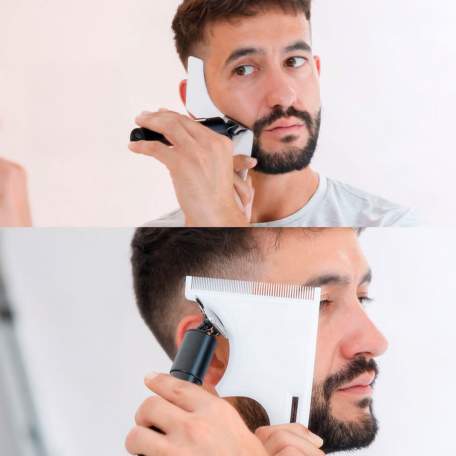 Hombre usando una herramienta para dar forma a la barba, sosteniéndola en su rostro. La herramienta es blanca y negra. Está en una habitación blanca.