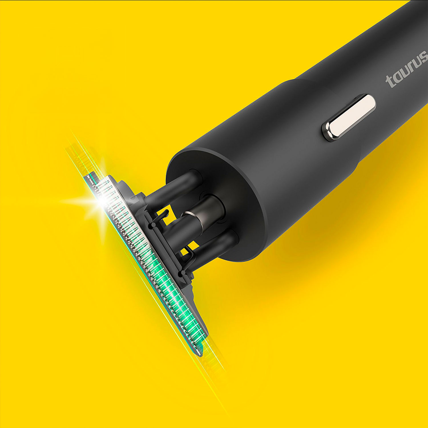 Una afeitadora eléctrica Taurus negra sobre un fondo amarillo. Se ve el cabezal de la afeitadora. El fondo es de color amarillo brillante.