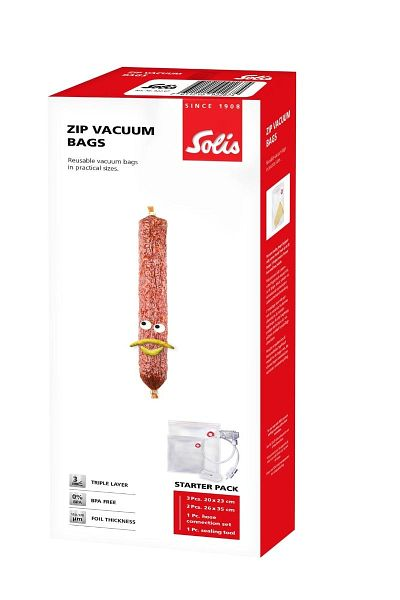 Czerwono-białe pudełko z tekstem i kiełbasą z oczami i wąsami. Jest napisane 'ZIP VACUUM BAGS' i 'STARTER PACK'.