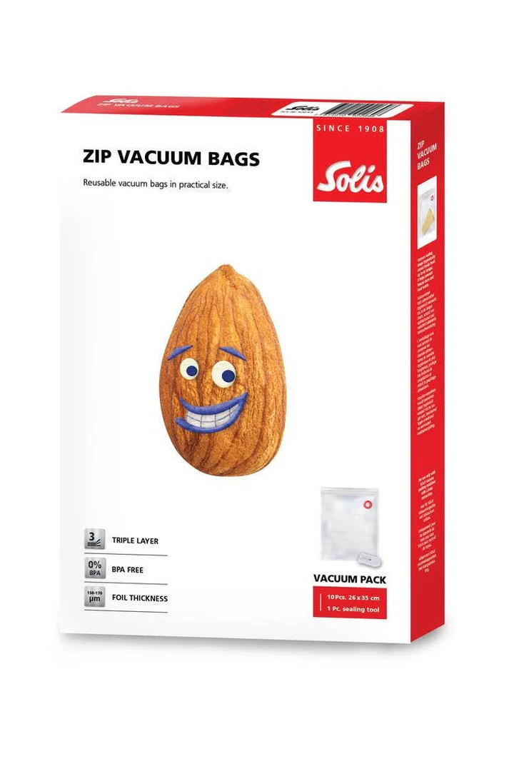 Pudełko z postacią migdała, tekst: ZIP VACUUM BAGS, logo Solis. Zawiera opakowanie próżniowe, specyfikacje. Czerwony bok z tekstem.