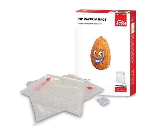 Pudełko worków próżniowych Solis z postacią migdała. Worki są z przodu.