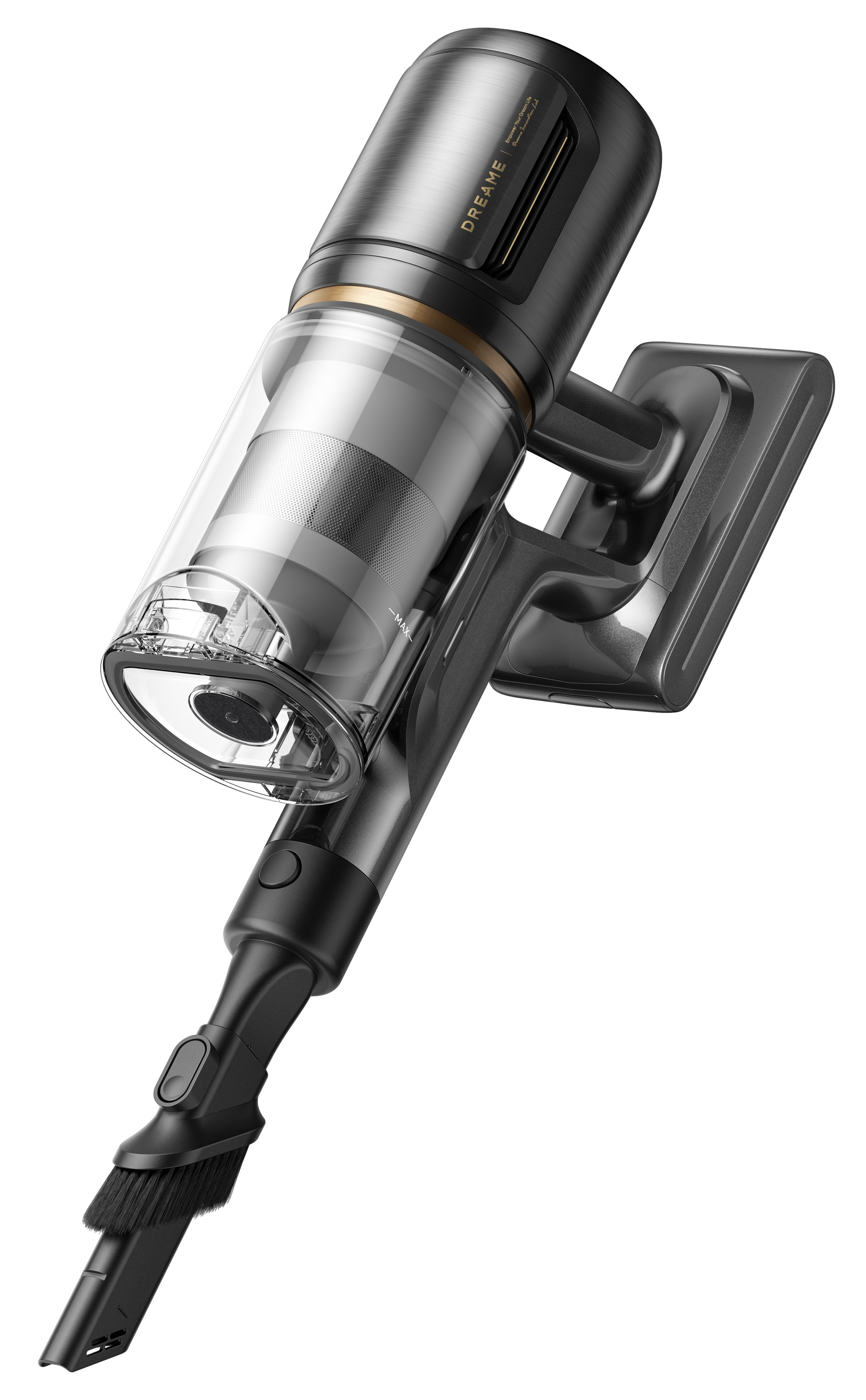 Odkurzacz bezprzewodowy, czarny i srebrny, z przezroczystym pojemnikiem na kurz i szczotką.