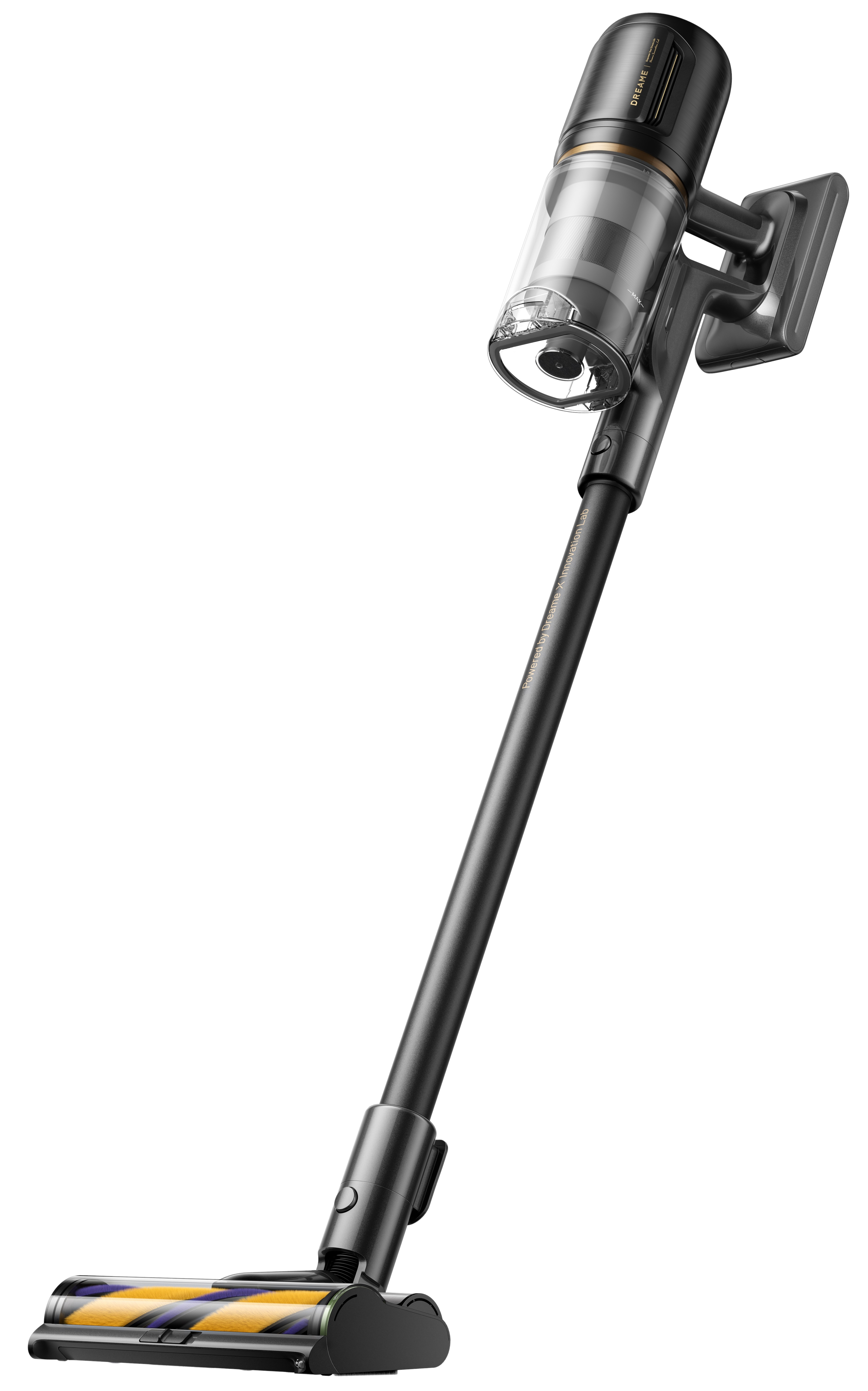 Odkurzacz bezprzewodowy z czarnym korpusem, przezroczystym pojemnikiem na kurz i żółto-fioletową głowicą szczotki na czarnym tle.