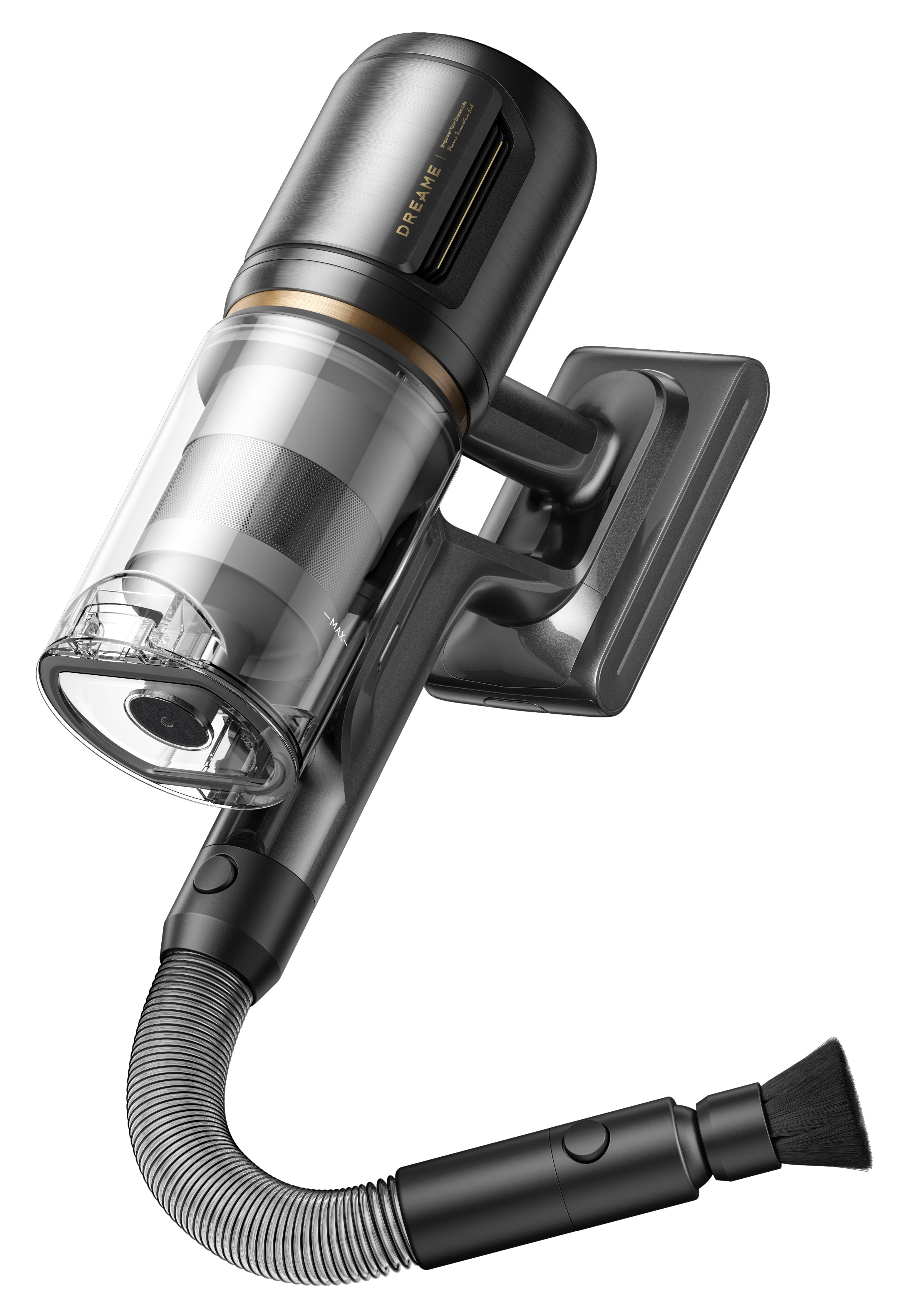 Czarny i srebrny odkurzacz bezprzewodowy. Ma przezroczysty pojemnik na kurz, elastyczny wąż i nasadkę szczotkową.