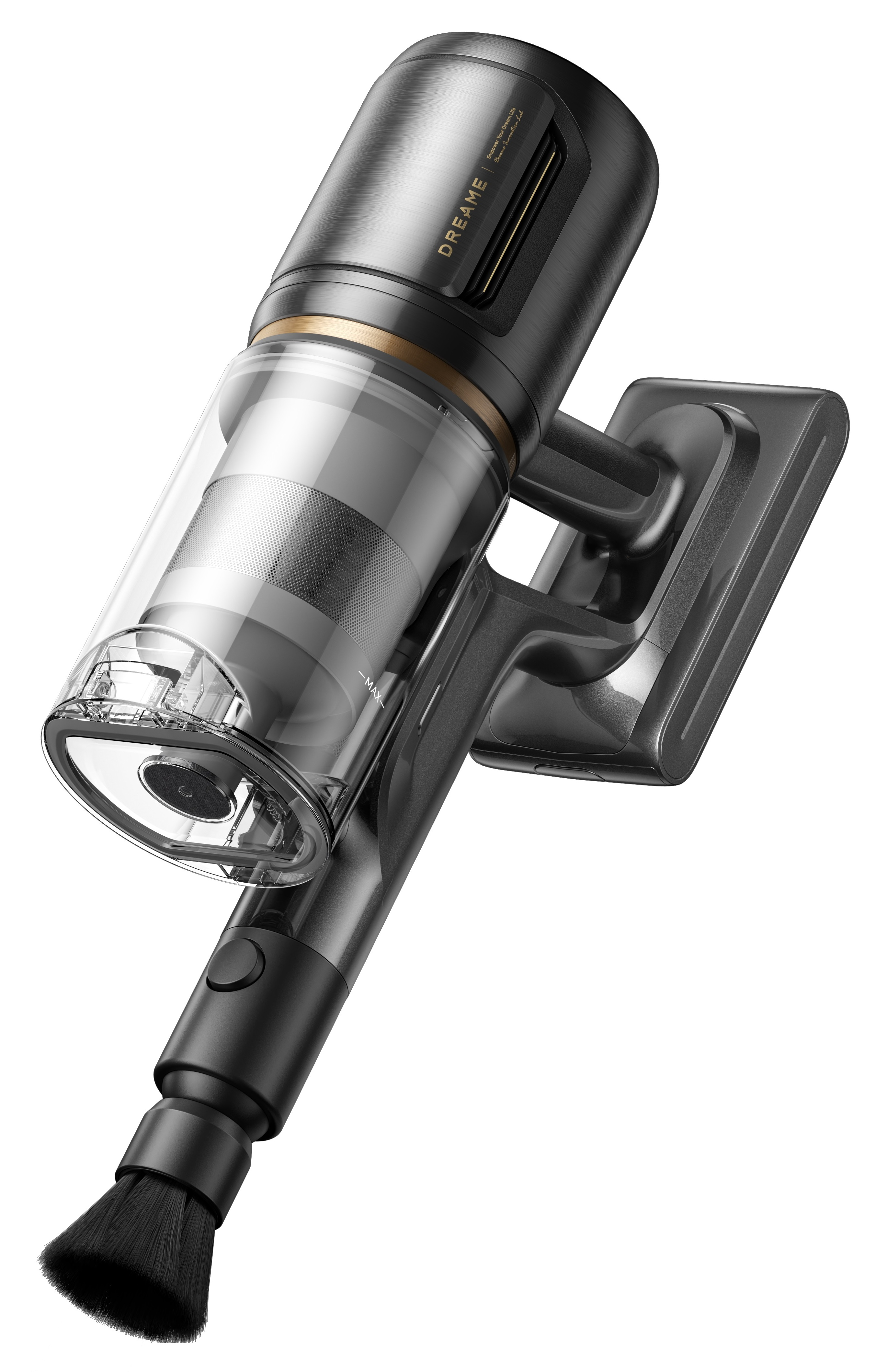 Odkurzacz bezprzewodowy. Obudowa jest czarna i szara. Ma przezroczysty pojemnik na kurz.