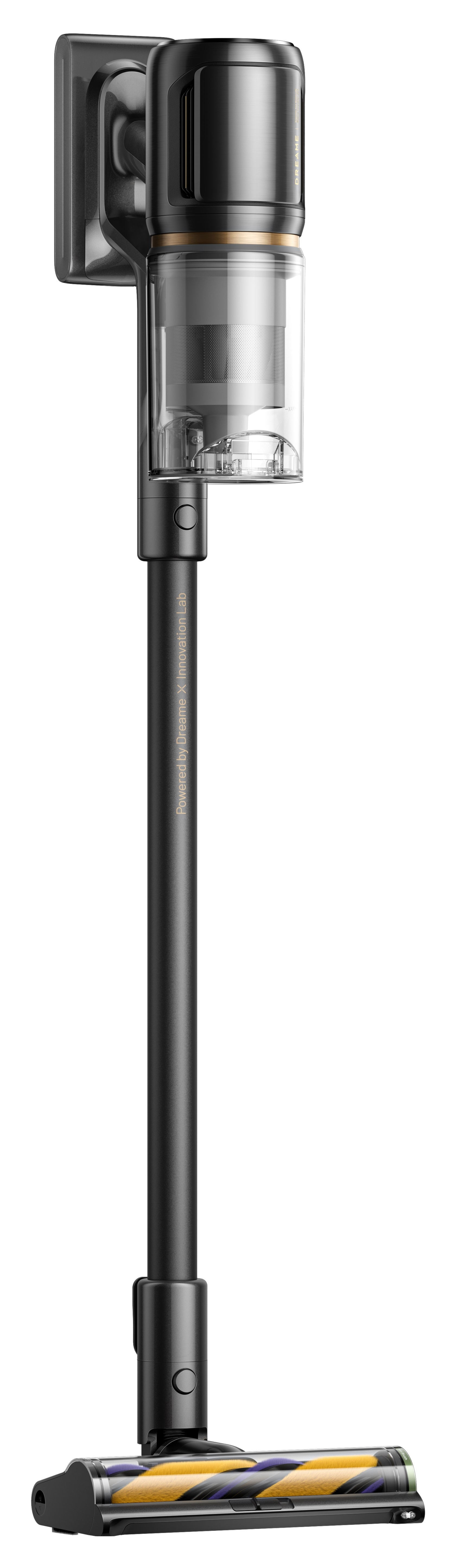 Czarny i srebrny odkurzacz bezprzewodowy. Ma przezroczysty pojemnik na kurz i żółto-fioletową głowicę szczotki.