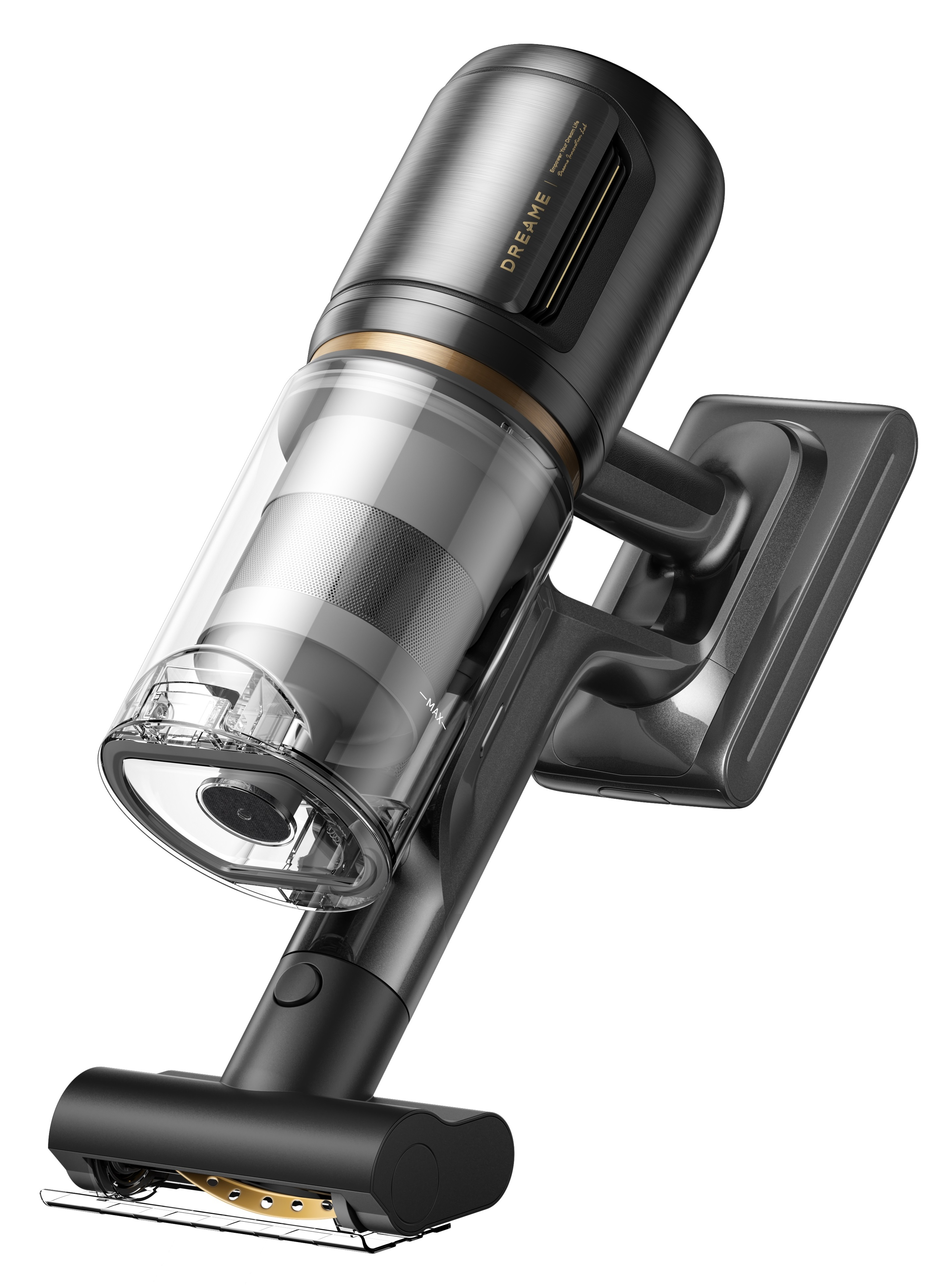 Czarny i srebrny odkurzacz bezprzewodowy. Posiada przezroczysty pojemnik na kurz i złoty akcent. Widoczna jest nazwa marki.