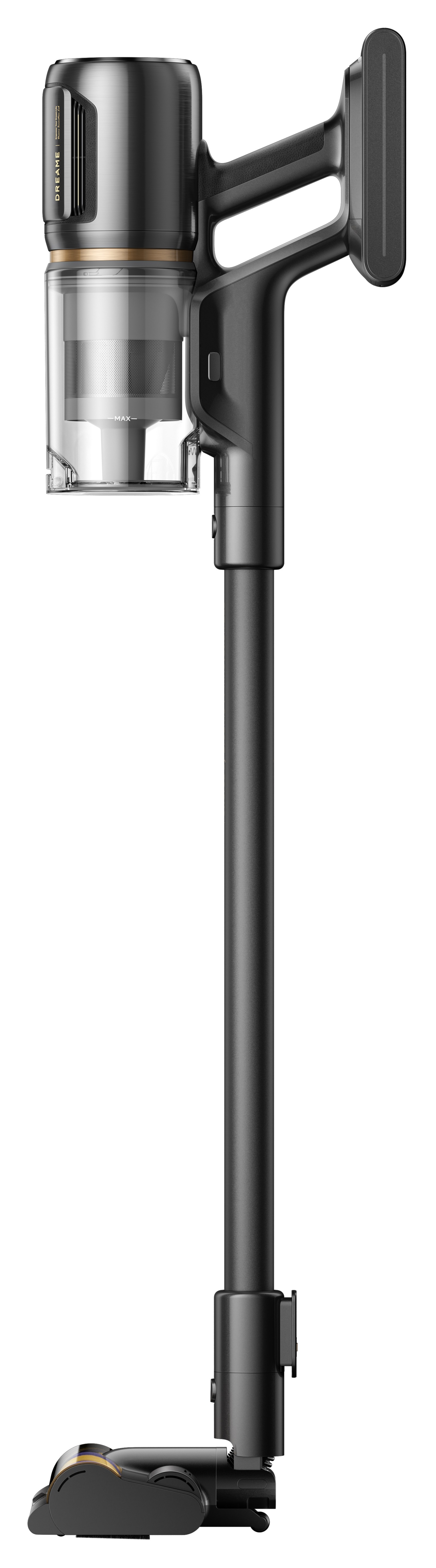 Czarno-szary odkurzacz bezprzewodowy. Posiada cylindryczny korpus, uchwyt i głowicę czyszczącą, wyizolowane na białym tle.