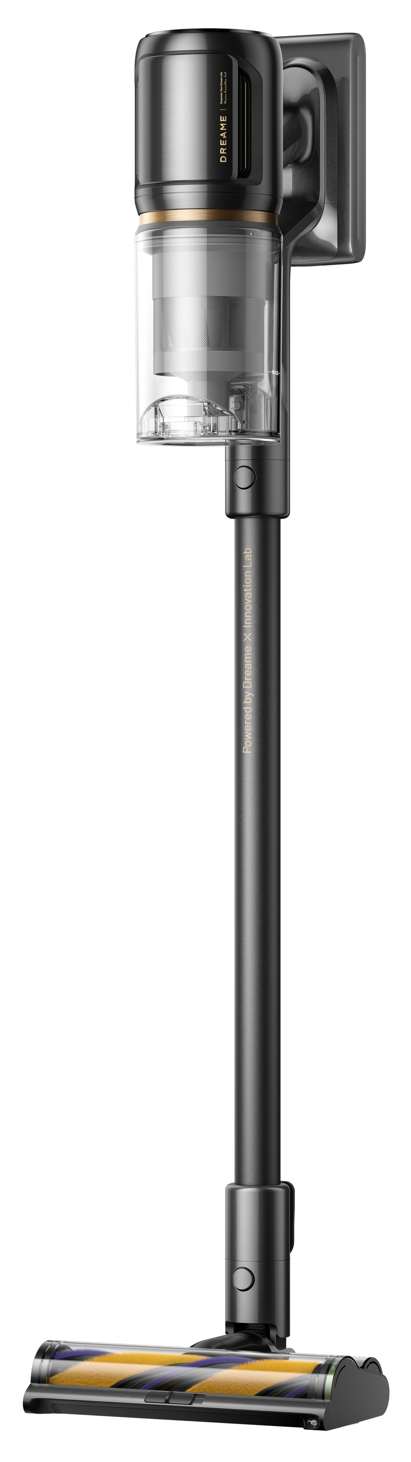 Czarny i szary odkurzacz bezprzewodowy. Górna część ma nazwę marki. Głowica szczotki ma żółte włosie.