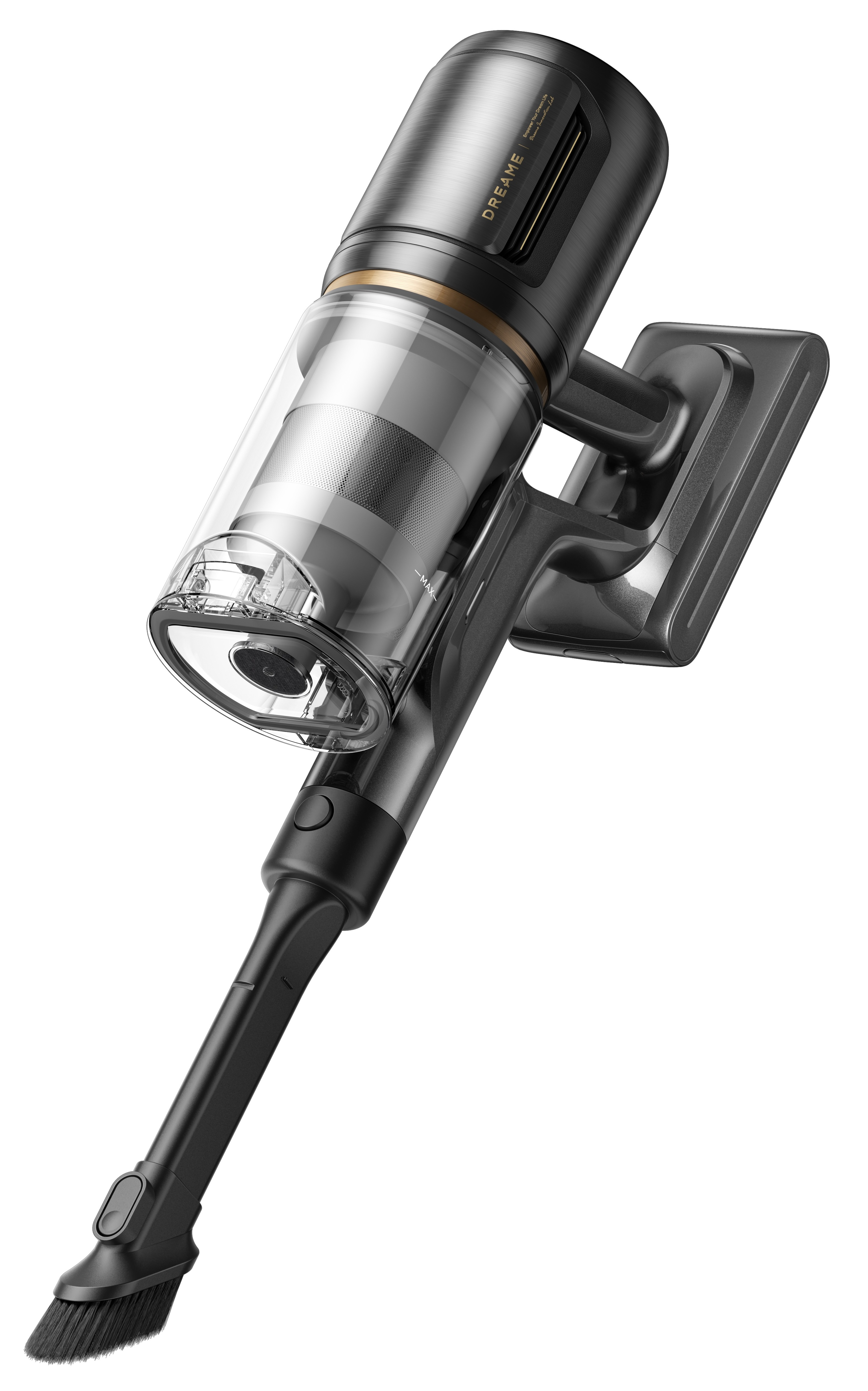 Bezprzewodowy odkurzacz, czarny i metaliczny szary, na białym tle. Przezroczysty pojemnik pokazuje elementy wewnętrzne.