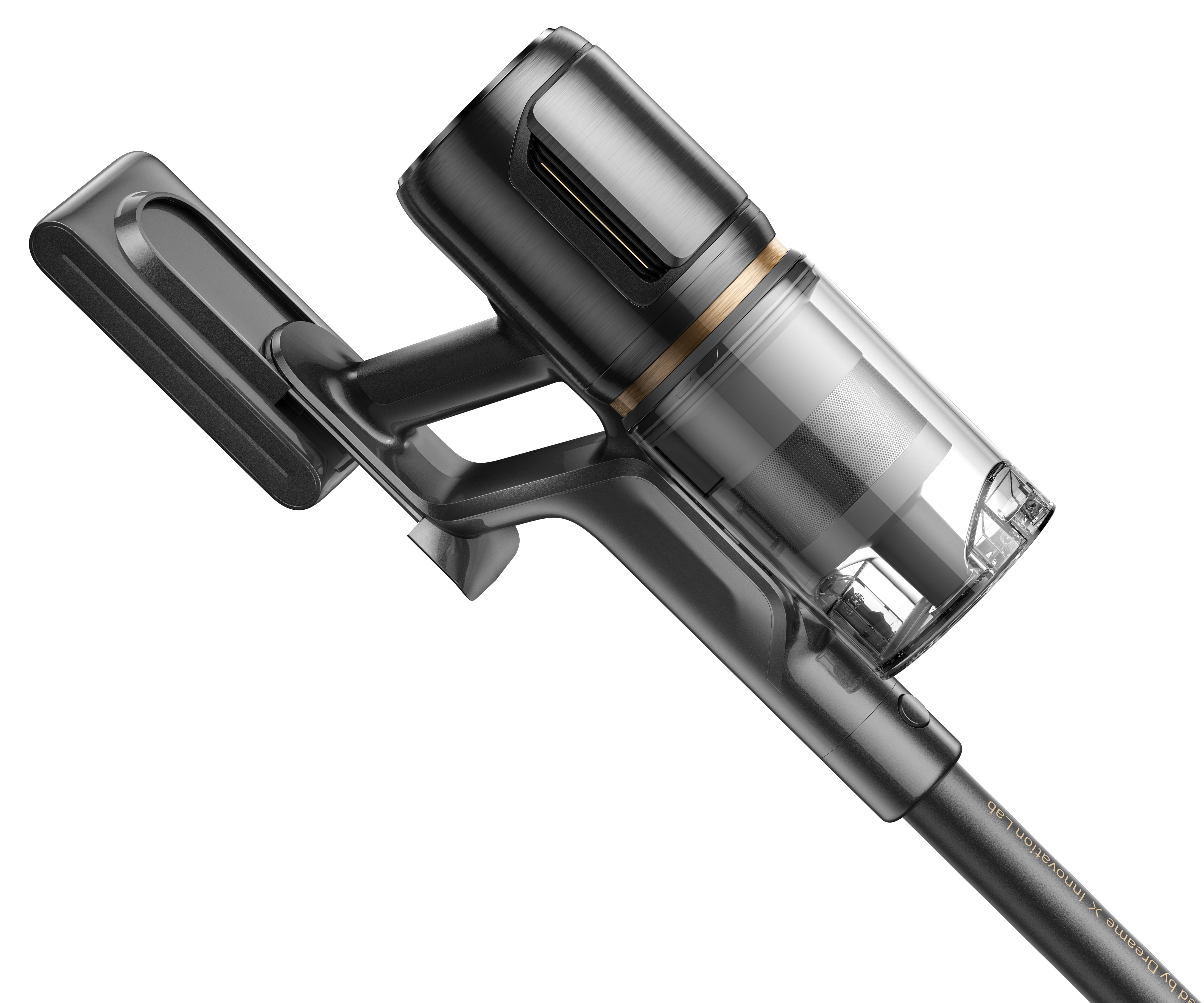 Przedstawiono odkurzacz bezprzewodowy. Jest srebrno-czarny z przezroczystym pojemnikiem na kurz. Uchwyt jest na górze.