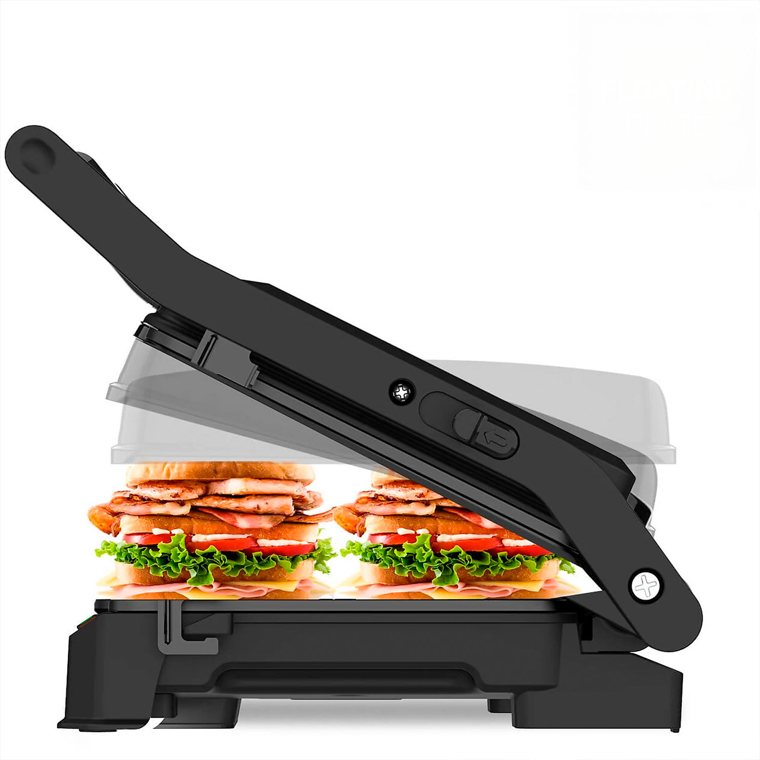 Una sandwichera con dos sándwiches dentro. Los sándwiches tienen lechuga, tomates, queso y carne. La prensa es negra.