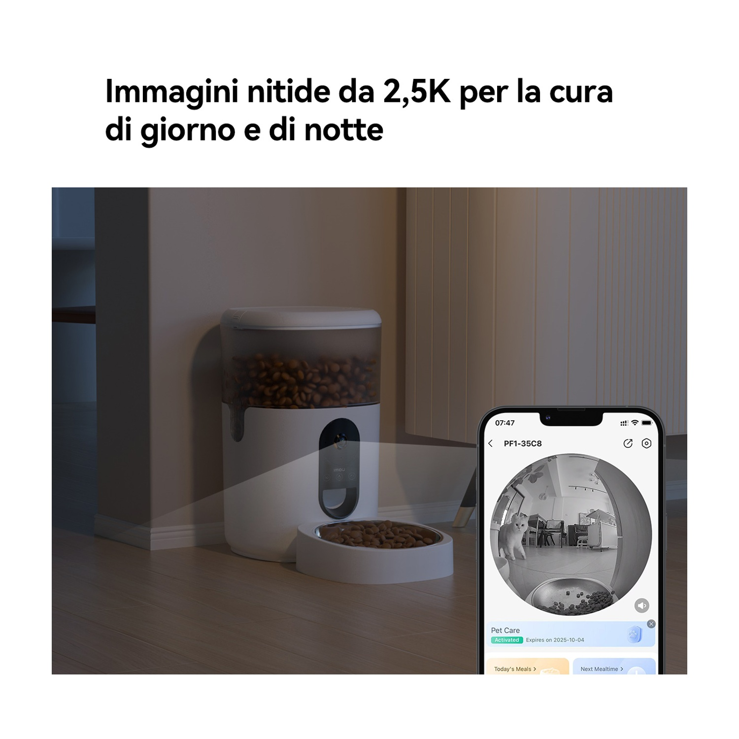 Un distributore di cibo per animali con cibo, un telefono che mostra un gatto e testo in italiano sulla cura giorno e notte.
