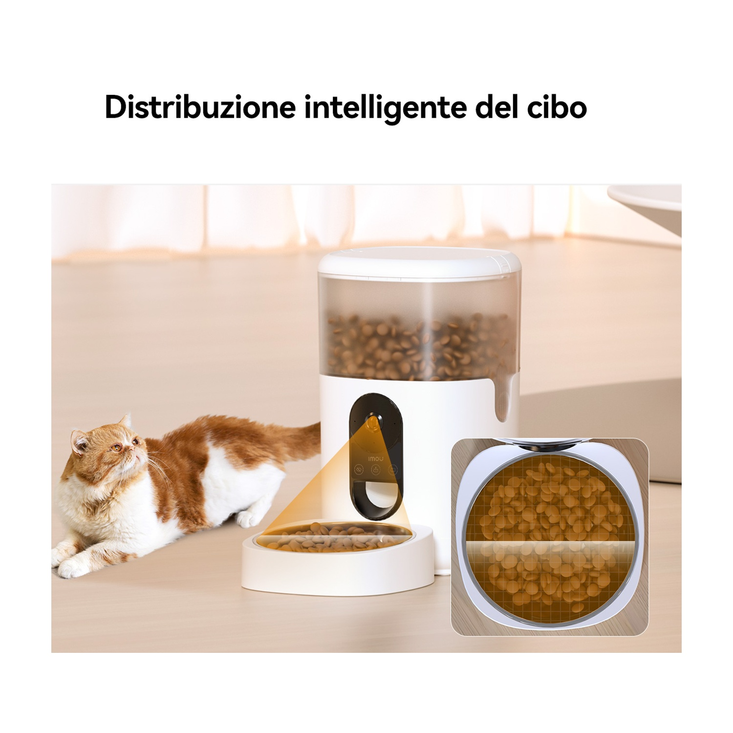 Un gatto accanto a un distributore automatico di cibo bianco. Il distributore eroga cibo.