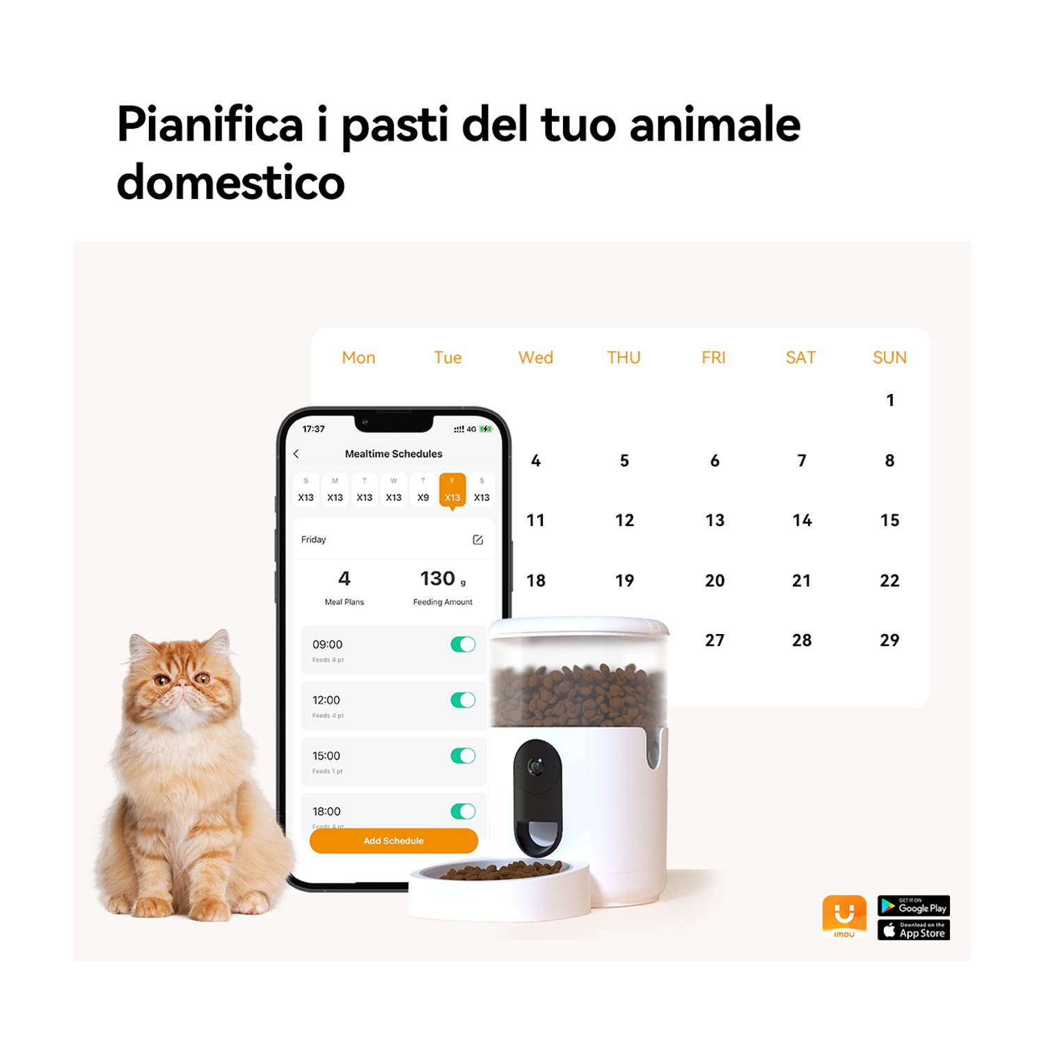 Un gatto arancione è seduto accanto a un telefono che mostra un programma dei pasti. Un distributore di cibo è accanto al telefono. Calendario del mese.